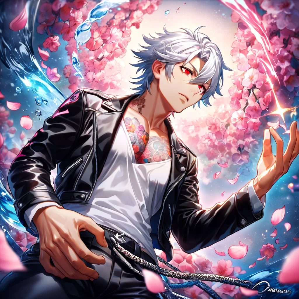 absurdres, highres, ultra detailed, HDR, master piece, best quality, Aohitsugi Samatoki, white hair, expressive red eyes, hypnosis mic, solo, sexy man, handsome, toned chest, black leather jacket, white shirt, magical, fantasy, shining, water, pink flowers, pink blossoms, pink butterflies, pink petals