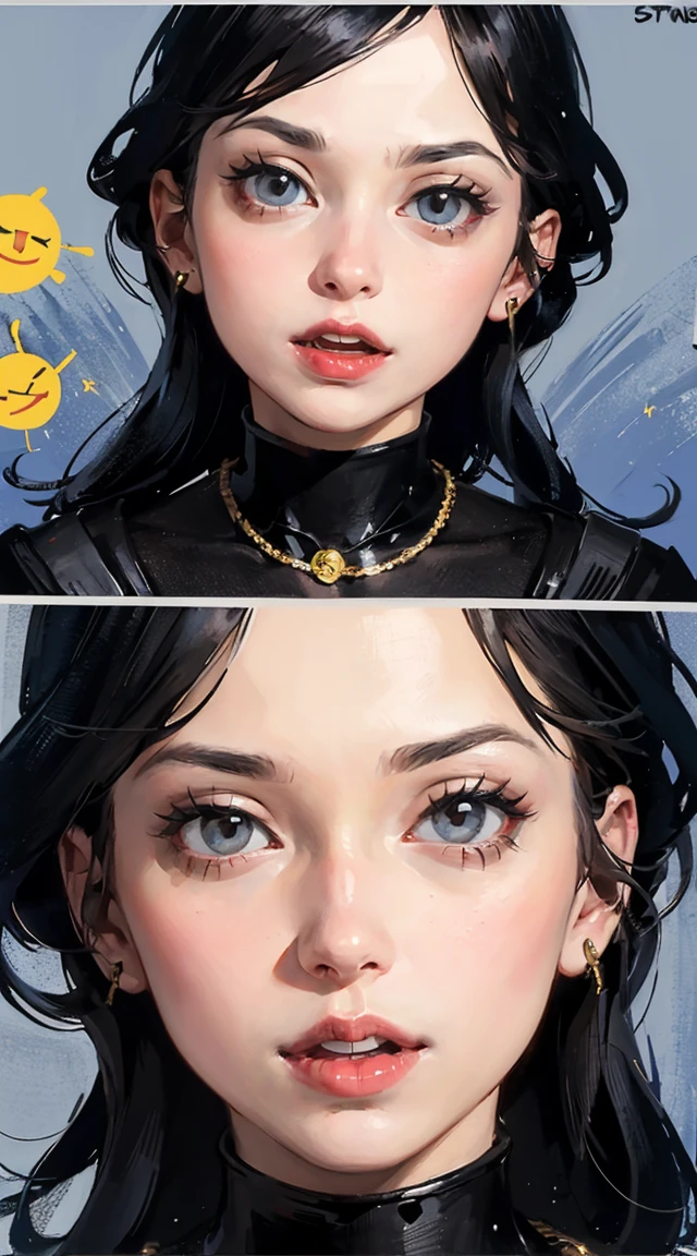 realism, (((better quality: 1.4))), ((super detailed: 1.4)), super detailed gouache portrait of a beautiful woman with red lips and black outfit, number, cartoon, actual, Emoji pack，(9 emoticons，Emoji table，constellation)，9 poses and expressions（anger，surprise，have a good time，wake，laughing out loud，Suspect，angered，touch your head，Lovely for sale, wait），Anthropomorphic style，disney style，Black strokes，9 different emotions，9 poses and expressions，8k