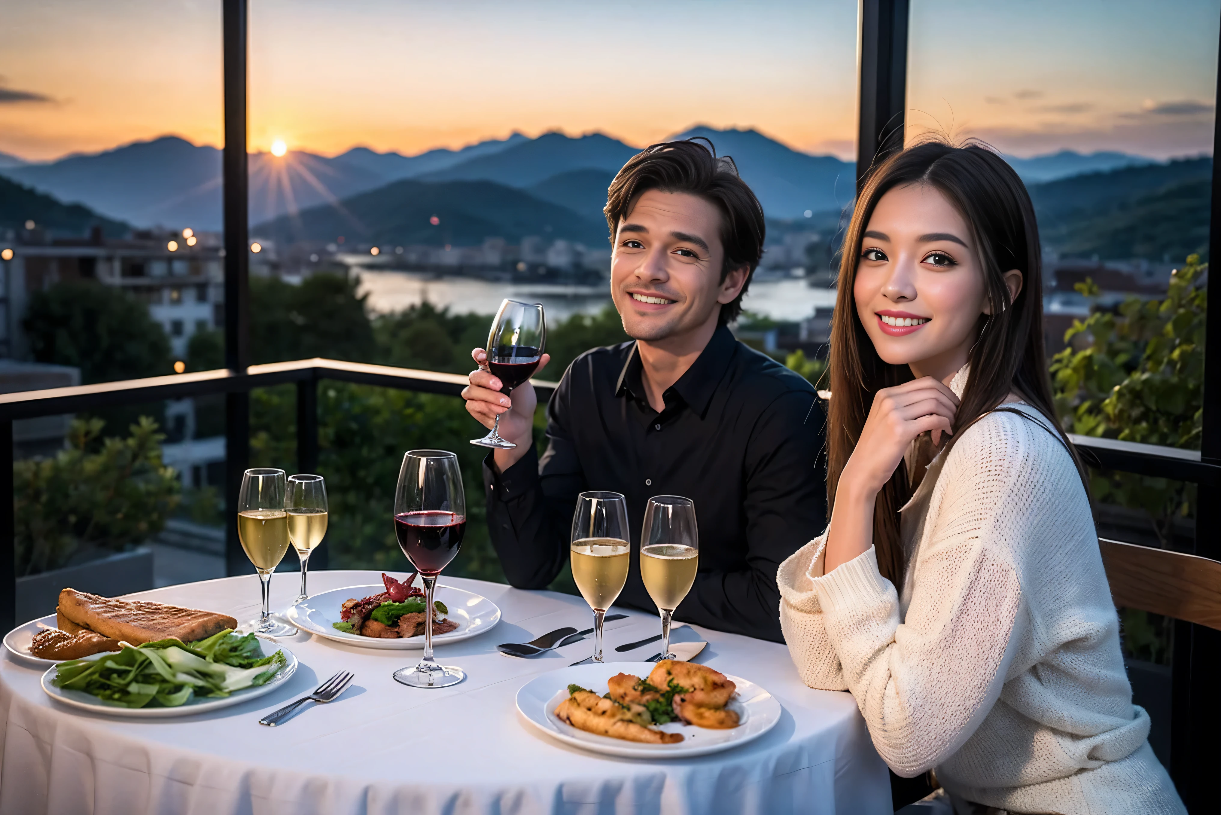 ((highest quality、8k、masterpiece:1.3))、1 male 1 female、spouse、Beautiful couple、smile、 (Slim face), (the body is スリム), (Brown Hair), (Shortcuts), ((Bob Hale、Straight hair:1.2)), Wine glass on the table、Please shine a light on my face、 Amazing view of the sunset sky and clouds、Amazing mountain views、The beauty of a smile、Bright image、Blushing, Shortcuts,Bright Face、 (42 years old), 39 years old, red wine 、Appetizers、Italian food、Wine bottle、Champagne、sparkling wine、Long sleeve shirt、dress、Attractive beauty、restaurant, Nova Frog Style, actress, model, Upper Body, White wine, red wine, wine glass, 