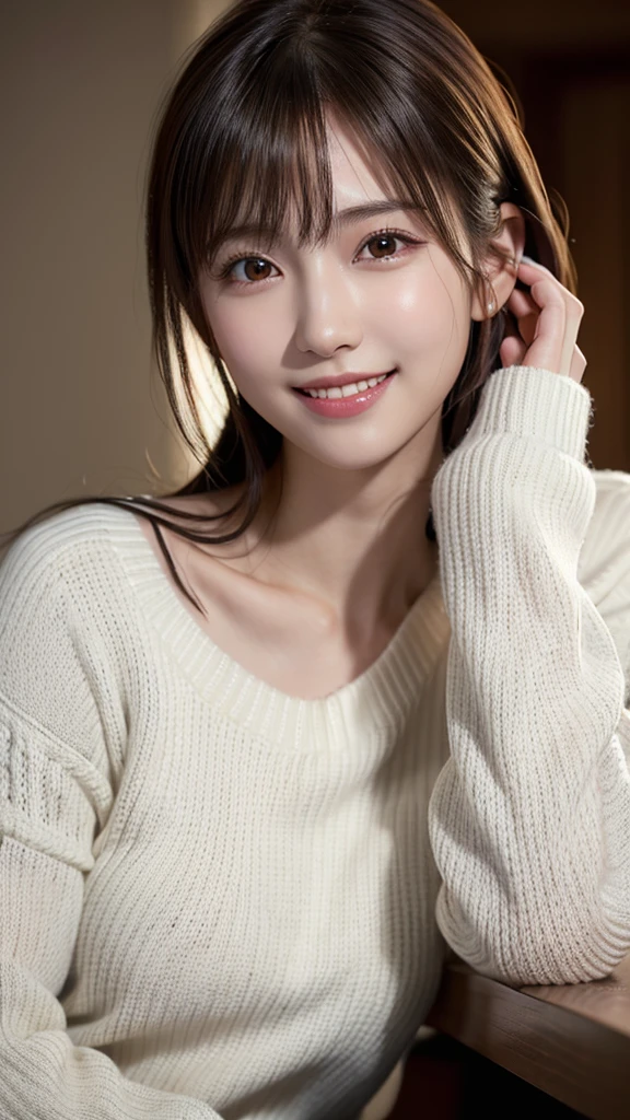1 Japanese girl,(White sweater:1.4), (RAW Photos, highest quality), (Realistic, Realistic:1.4), Tabletop, Very delicate and beautiful, Very detailed, 8k wallpaper, wonderful, In detail, Very detailedなCG Unity, High resolution, Soft Light, Beautiful details 19 years old, Very detailedな目と顔, Beautiful and sophisticated nose, Beautiful details,Cinema Lighting,Perfect Anatomy,Slender body,smile (Asymmetrical bangs,)