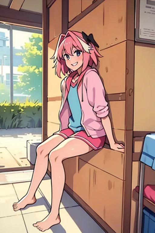 （masterpiece1.4），（best qualtiy:1.4），（A high resolution1.4), The story begins in a high school where a group of students gather and discuss the importance of morality, a 23 year old girl, smile, barefoot,Astolfo