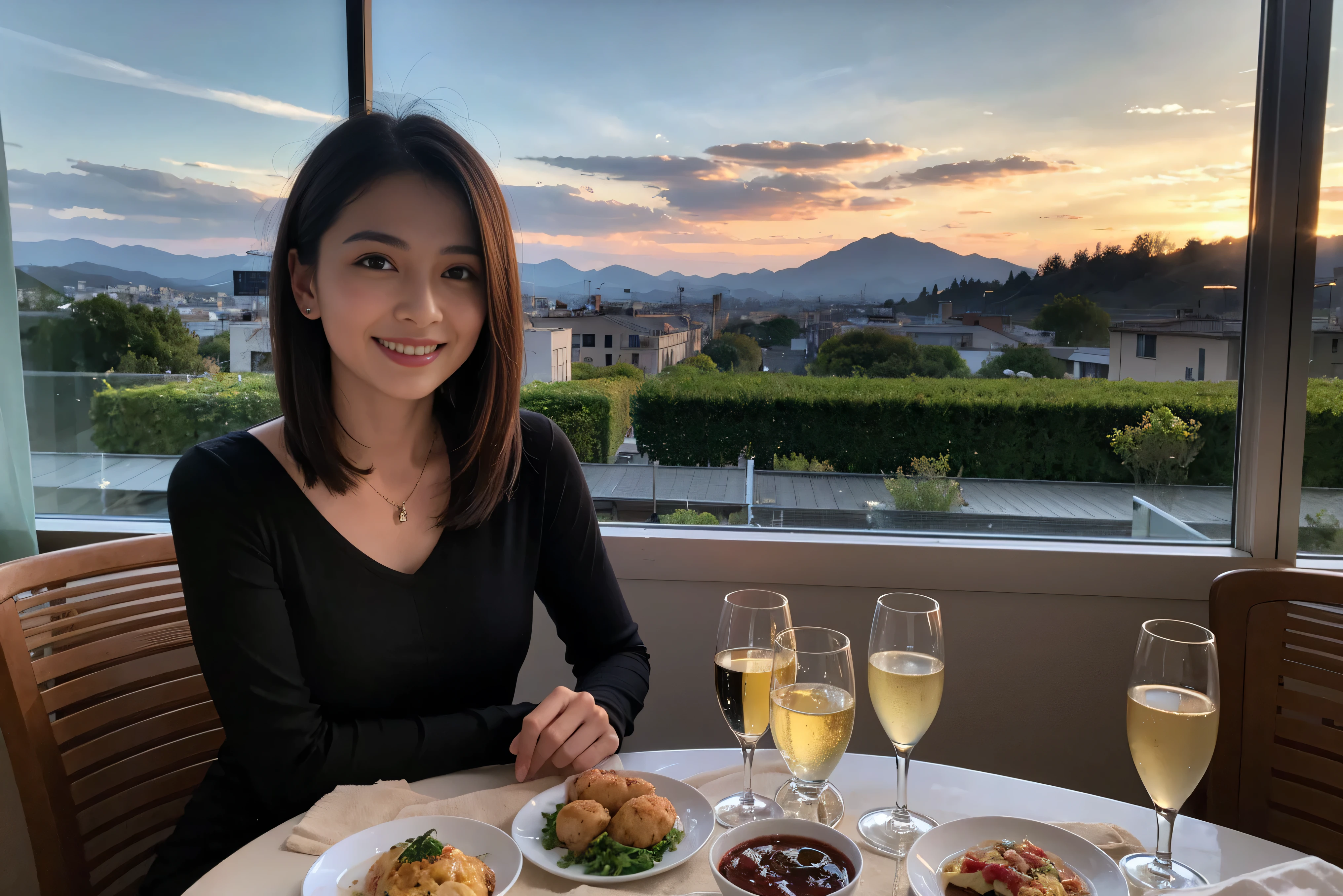 ((highest quality、8k、masterpiece:1.3))、1 male 1 female、spouse、Beautiful couple、smile、 (Slim face), (the body is スリム), (Brown Hair), (Shortcuts), ((Bob Hale、Straight hair:1.2)), Wine glass on the table、Please shine a light on my face、 Amazing view of the sunset sky and clouds、Amazing mountain views、The beauty of a smile、Bright image、Blushing, Shortcuts,Bright Face、 (42 years old), 39 years old, red wine 、Appetizers、Italian food、Wine bottle、Champagne、sparkling wine、Long sleeve shirt、dress、Attractive beauty、restaurant, Nova Frog Style, actress, model, Upper Body, White wine, red wine, wine glass,