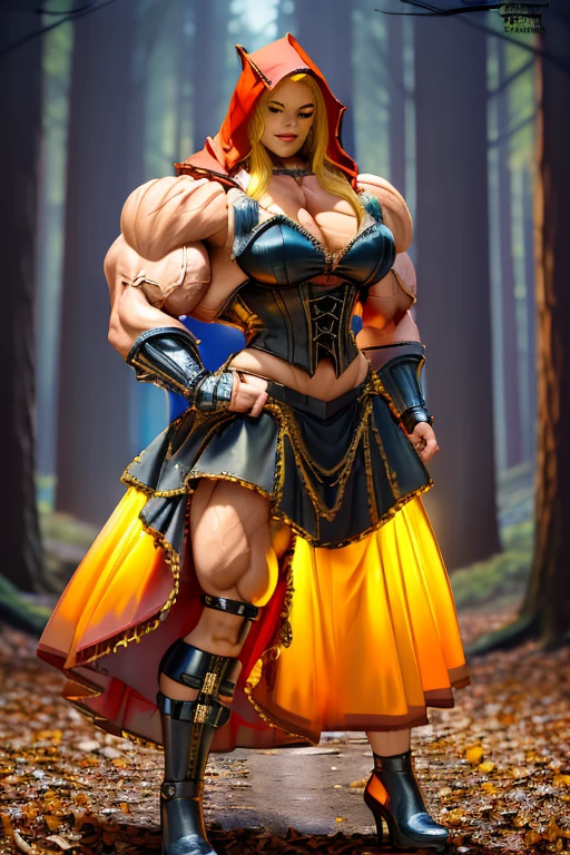 (((Massive, beautiful, light brown skinned, buff, muscular woman with yellow hair, black lipstick, ginormous bulky muscles and wearing a mechanized red riding hood cosplay with a beautiful long skirt))), {close view}, massive muscles, massive biceps, hyper muscle shoulders, vascular shoulders, hyper muscle triceps, (long flowing hair), gray eyes, red hood cosplay, corset, long beautiful skirt, chain belt, choker, thigh high heels, (in a forest), fingerless gloves, closed smile, night, hyper vascular arm, hyper muscles arms, hyper muscle legs, massive arms.