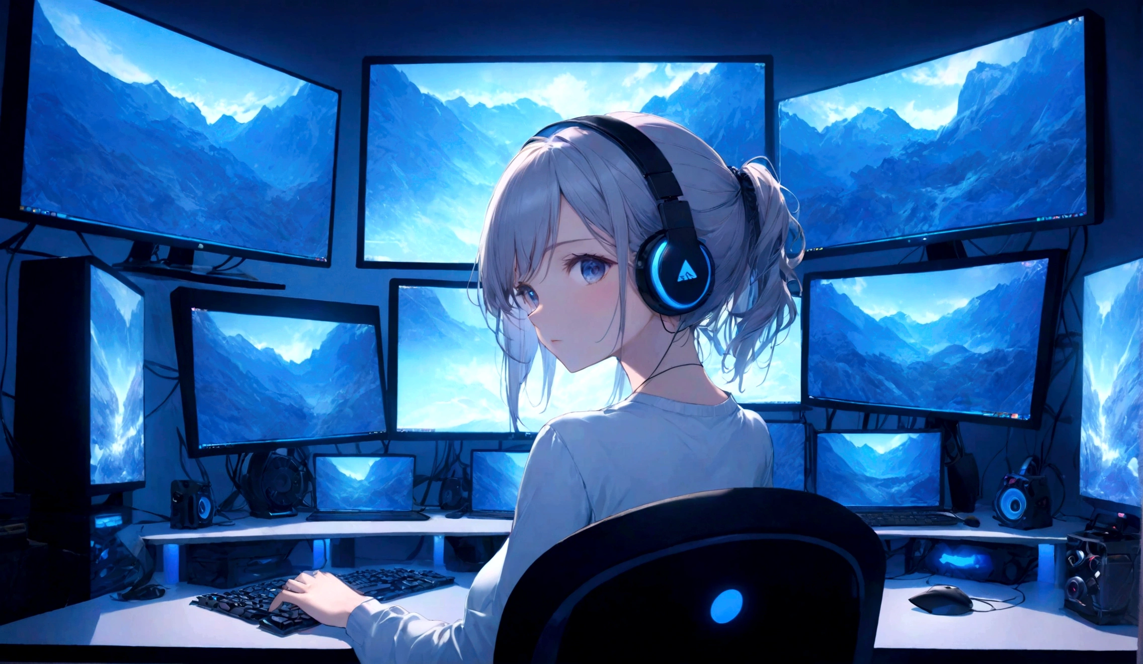 Streamer room, gaming PC, bright room with LED lights, cute gamer girl's room, beautiful and cute woman using PC, single room, blue and white theme, room with white walls, blue LED lights, screen There's a woman from behind in the center of the screen, she's staring straight at the back of the screen, 8K, woman seen from behind at the bottom center of the screen, super sharp focus, great 8K wide-angle shooting style, (((For women Screen ratio Raise))), woman looking at a PC from behind in the center, headphones, chair, landscape, microphone, desk, neon light, black light, no windows, computer, monitor, keyboard (computer), speakers, mouse (computer) ), Masterpiece, Official Art, Top Quality, Volumetric Lighting, Highly Detailed, 32k 