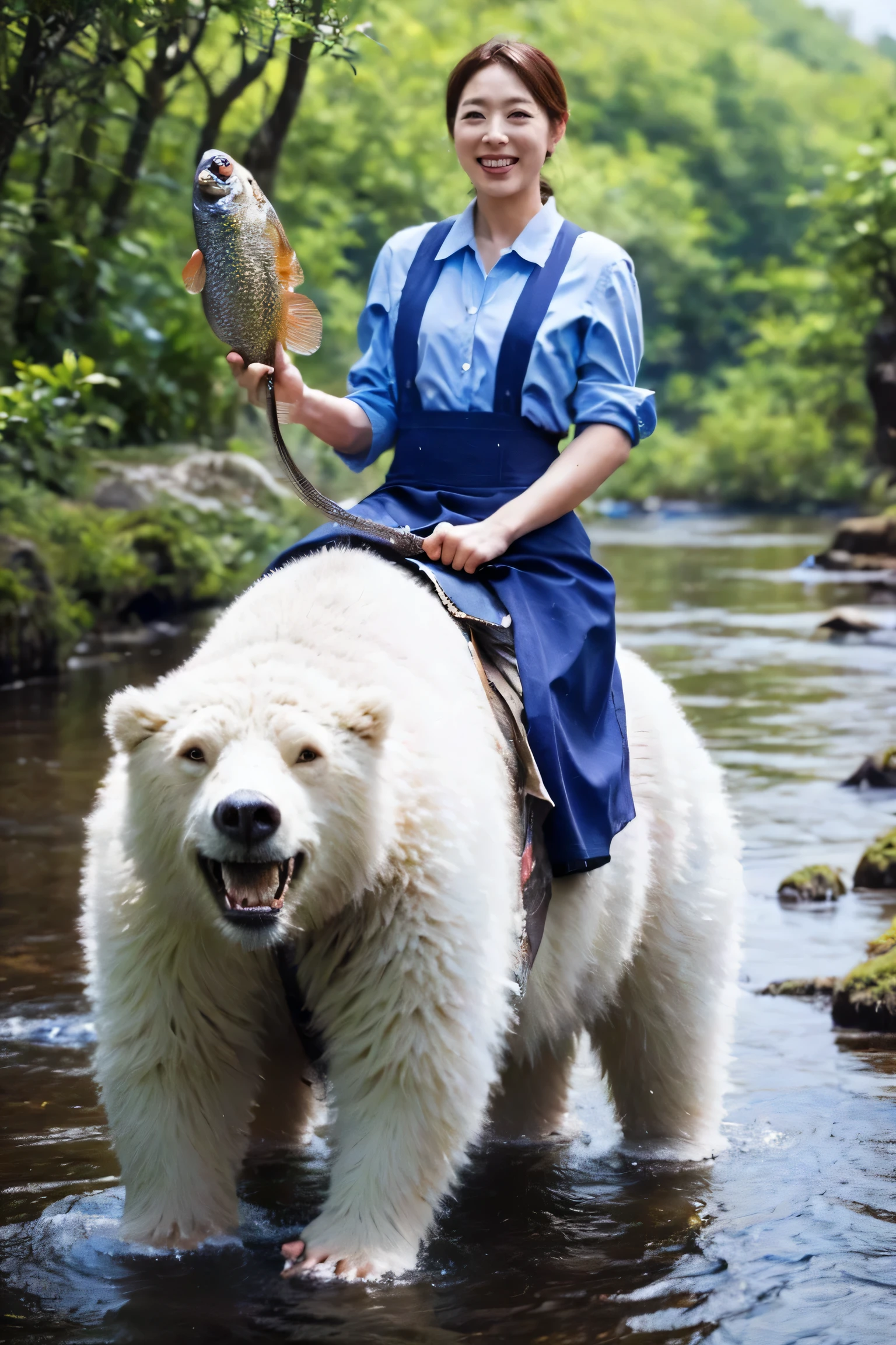 highest quality, Pieces fly, Realistic, High resolution, 8k　RAW Photos,alone, One girl, 30 years old、river、smile、holding a fish in each hand、Riding a bear、Business Blouse、Business Skirt、High heels