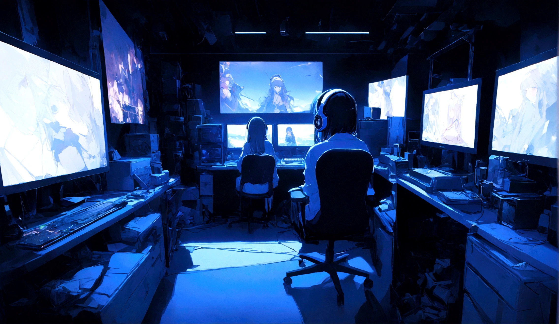 Streamer room, gaming PC, bright room with LED lights, cute gamer girl's room, beautiful and cute woman using PC, single room, blue and white theme, room with white walls, blue LED lights, screen There's a woman from behind in the center of the screen, she's staring straight at the back of the screen, 8K, woman seen from behind at the bottom center of the screen, super sharp focus, great 8K wide-angle shooting style, (((For women Screen ratio Raise))), woman looking at a PC from behind in the center, headphones, chair, landscape, microphone, desk, neon light, black light, no windows, computer, monitor, keyboard (computer), speakers, mouse (computer) ), Masterpiece, Official Art, Top Quality, Volumetric Lighting, Highly Detailed, 32k 