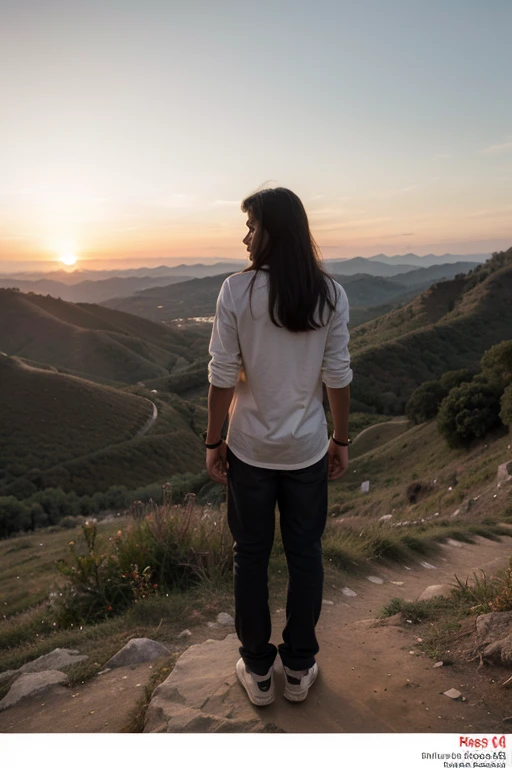 A super real indian boy 16 year boy with a good physique medium length hair who's face is not visible,  the back is shown is standing on a mountain at the sunset time 