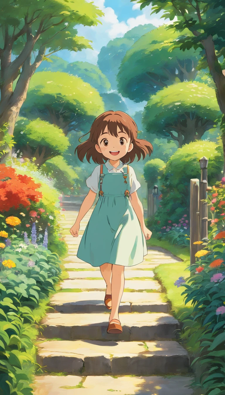 5-year-old girl is smiling, walking on the garden path, A round-eyed うさぎfollowed.
