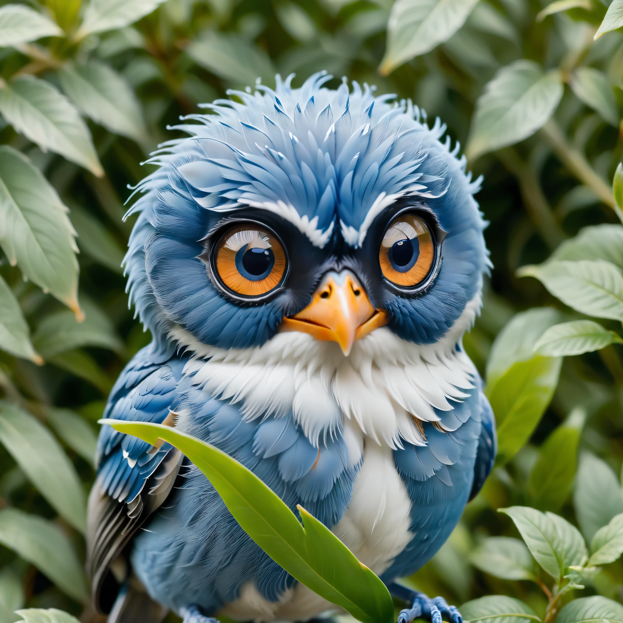 Create a close-up image of an adorable, fluffy blue bird with large, expressive black eyes. The bird has a small, orange beak and is covered in soft, detailed blue feathers, giving it a cute and cuddly appearance. The setting is a lush, natural environment with various green plants and leaves, blurred in the background to emphasize the bird as the focal point. The lighting is soft and natural, creating a warm and inviting atmosphere. The overall composition should evoke a sense of wonder and charm, capturing the essence of this tiny, endearing creature in its natural habitat.