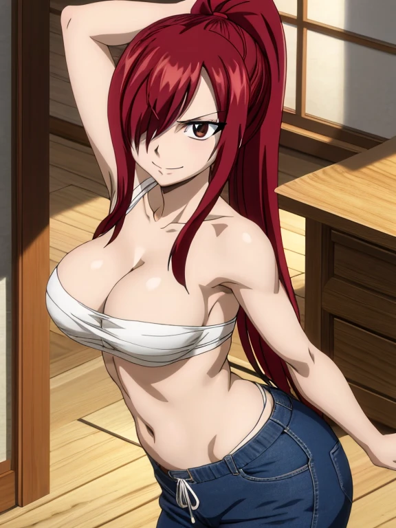 masterpiece, best quality, highres, anime style, anime official art,fairy tail, 1girl, long hair, red hair, ponytail, white ribbon, hair over one eye, brown eyes, seductive smile, large breasts, collarbone, chest sarashi, bandage, bare arms, midriff, red hakama, red pants, cowboy shot, indoors, standing, armpits, armpits visible