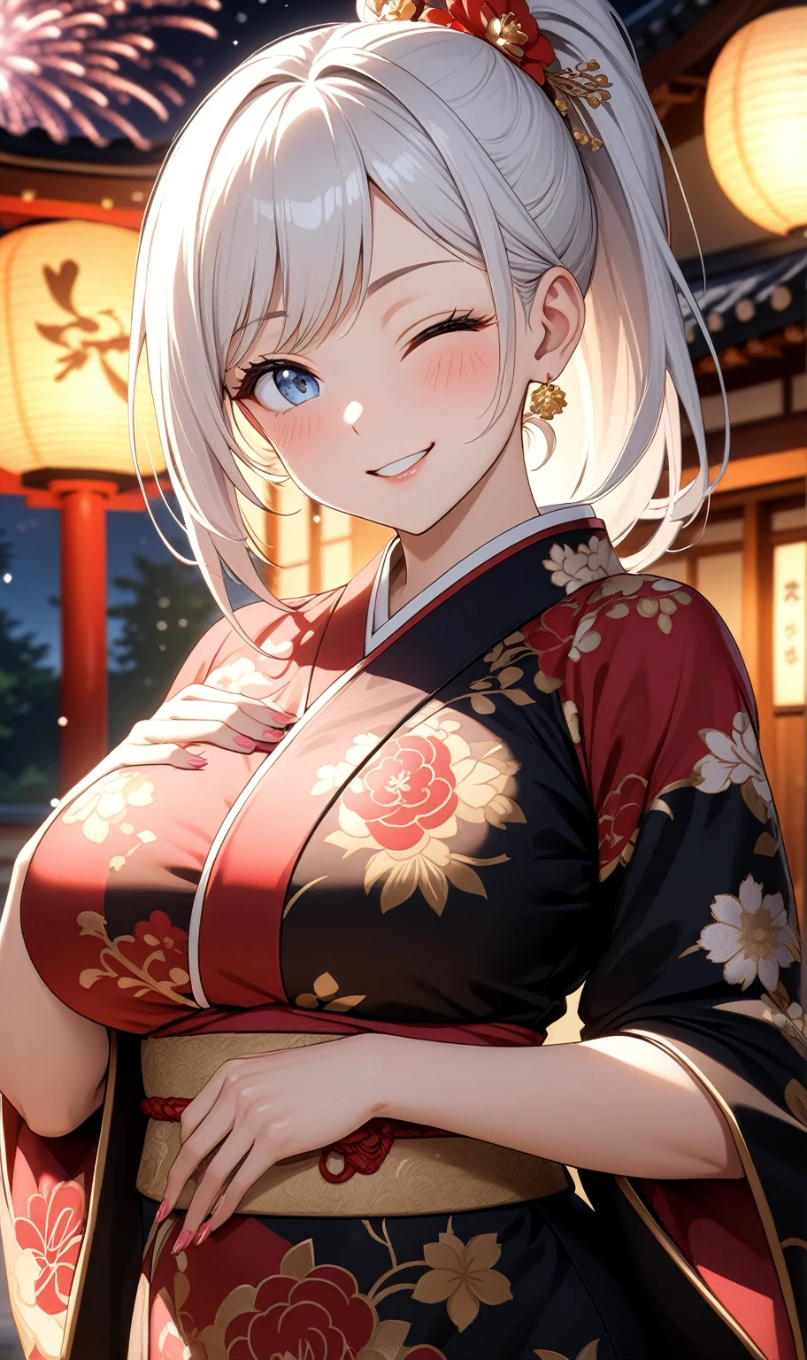 ((one person woman)), Beautiful Face,Laugh shyly,((Wink:2.0)),Laughing with your mouth open,turn bright red,Glossy pink lips,night,Japanese-style room of the shrine,firework,((Anime style background)),masterpiece, highest quality, so beautiful, Latest, Complex details, (Pink long nails),AI-generated, Complex,High resolution, highest quality, super high quality,3D Images、View your viewers、3D Images,one person,Long white hair,High Ponytail,blue eyes,Anime woman posing for a photo, [[Fine grain、Colorful eyes、Shining Eyes:1.15]],(Squint your eyes:1.1),a hyperRealistic , hyperRealistic , Realistic,Anime woman with long and white hair, Smooth anime CG art, A woman in a colorful kimono with gold embroidery, (Black kimono),Red floral pattern,Long flower hair ornament,Big earrings,(Big Breasts:1.3),Mature Body,expensive,Big Ass,Fine details,Tight waist,Abdominal muscles,(Face close-up:1.5),(Tilt your face:1.8),Shooting from an angle,(A person blowing a kiss. They are making a kissing gesture with one hand. )