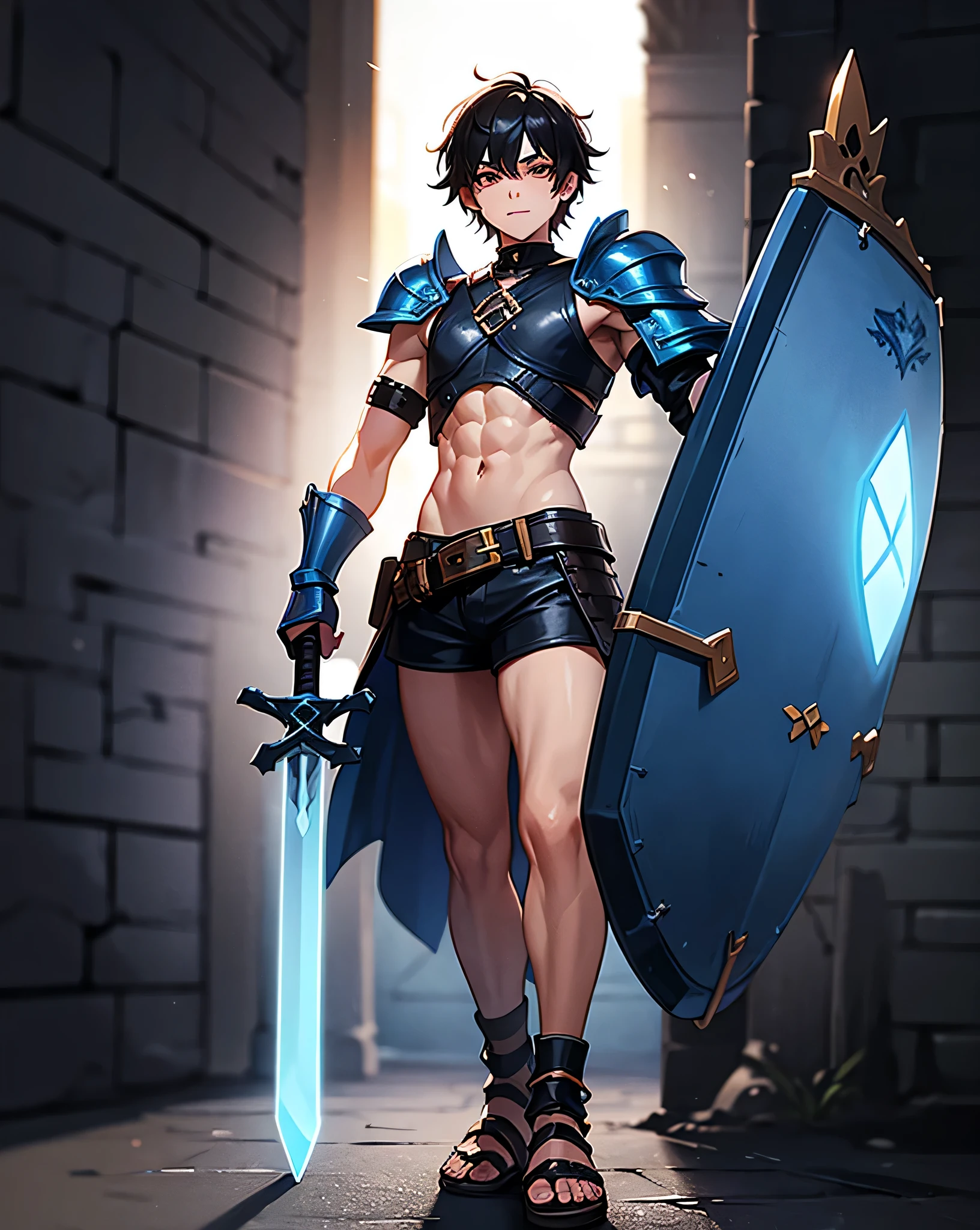 Young boy with black hair and brown eyes, dressed in short neon-blue blue medieval barbarian clothes, shorts, battle armor, weilding sword and shield, sandals; fullbody; short hair, masculine, happy