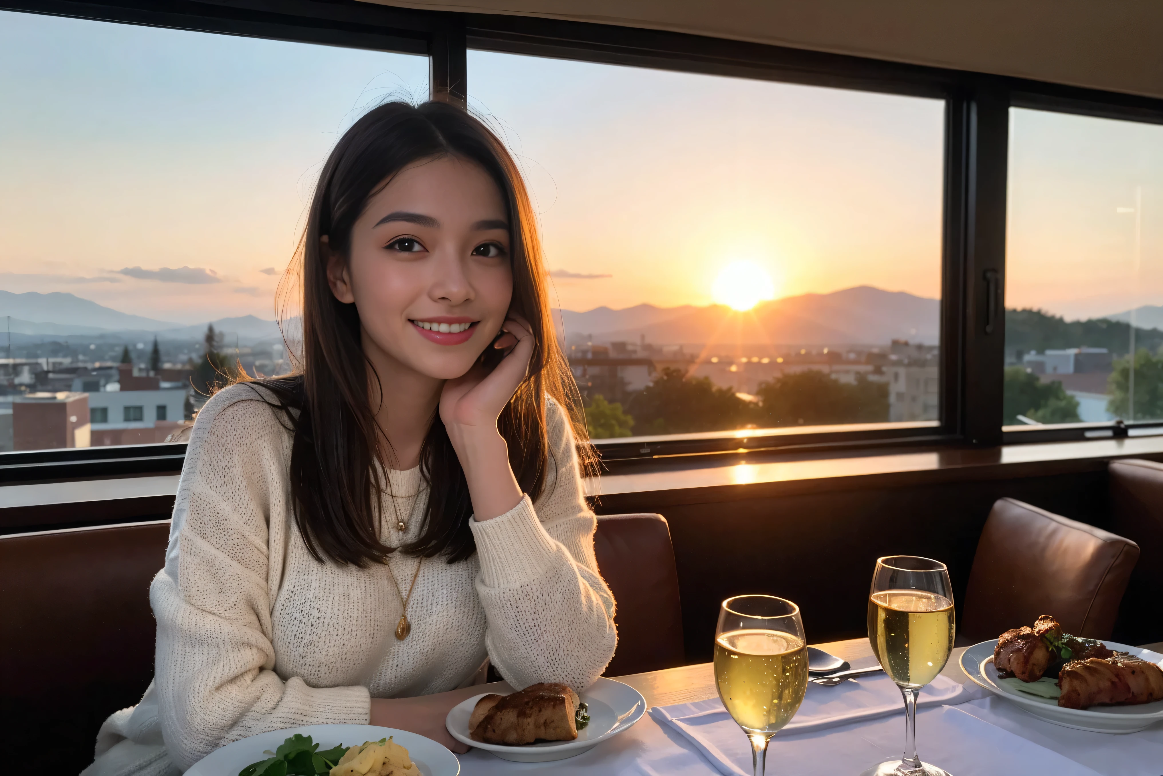 ((highest quality、8k、masterpiece:1.3))、1 male 1 female、lover、Beautiful couple、smile、full-course dinner、 (Slim face), (the body is スリム), (Brown Hair), (Shortcuts), ((Bob Hale、Straight hair:1.2)), Wine glass on the table、Please shine a light on my face、 Amazing view of the sunset sky and clouds、Amazing mountain views、The beauty of a smile、Bright image、Blushing, Shortcuts,Bright Face、 (Age 37), 39 years old, red wine 、Appetizers、Italian food、Wine bottle、Champagne、sparkling wine、Long sleeve shirt、dress、Attractive beauty、restaurant, Nova Frog Style, actress, model, Upper Body, White wine, red wine, wine glass,