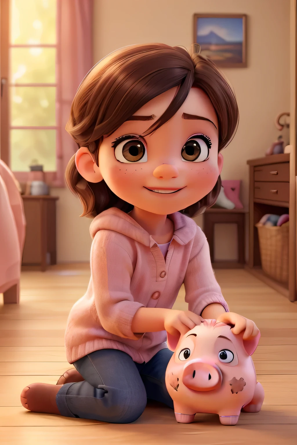 a young boy and a young girl, a piggy bank, realistic, detailed, beautifully rendered, warm lighting, soft colors, cozy atmosphere, 1boy, 1girl, detailed facial features, expressive eyes, cute smiles, holding hands, sitting together, wooden floor, simple bedroom interior, (best quality,4k,8k,highres,masterpiece:1.2),ultra-detailed,(realistic,photorealistic,photo-realistic:1.37)