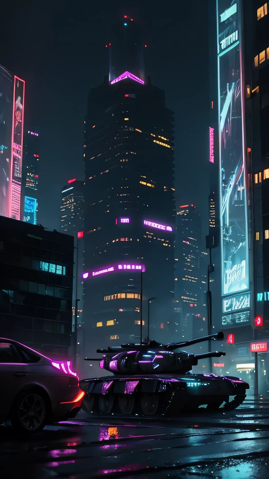 a cyberpunk city, abandoned and decaying buildings, cybernetic soldiers patrolling the streets, futuristic tanks advancing, neon lights, rainy night, moody atmosphere, cinematic lighting, detailed architecture, intricate mechanical elements, glowing cybernetic implants, dramatic camera angle, photorealistic rendering, highly detailed, masterpiece