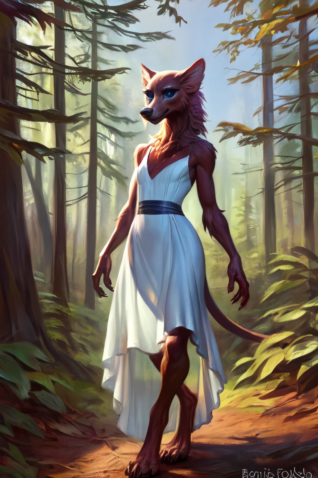 , by Bonifasko, solo, portrait of a beautiful canine, anthro, small head, graceful, soft, fur, forest, trees, anthro, mane, hi res, detailed, tail, female, sfw body, looking at viewer, sky,red vine hairy,blue eyes,slender,small breast,transparent veil dress