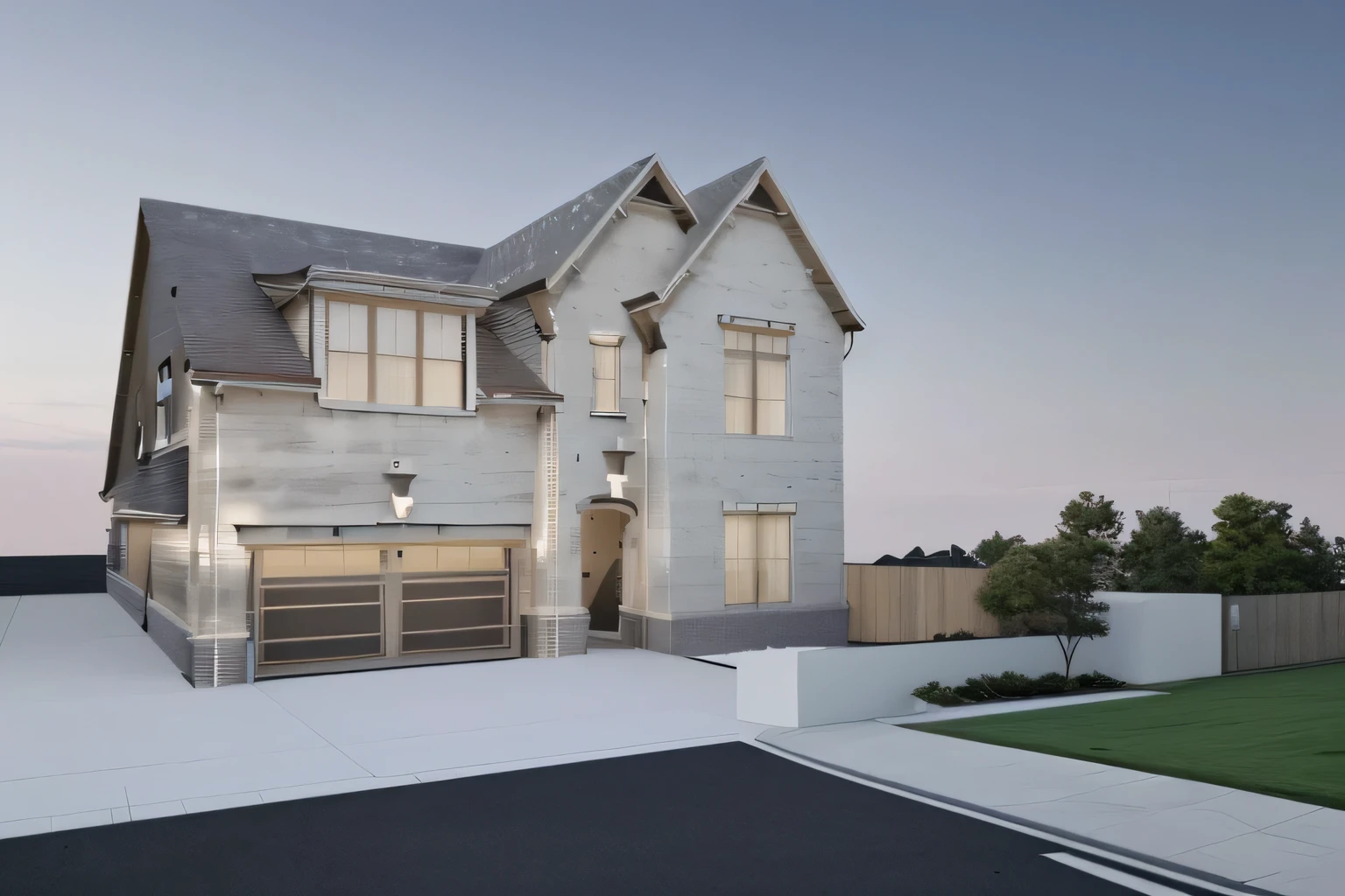 a rendering of a house with a large front yard and a driveway, architectural rendering, wide angle exterior 2022, precise architectural rendering, high quality rendering, detailed rendering, digital rendering, front view dramatic, beautiful rendering, exterior design, professional render, architectural 3 d render, dramatic rendering, rendering, exquisite rendering, cg rendering, front elevation view