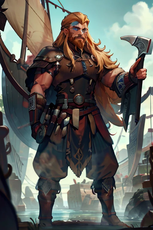 A muscular blond haired man with blue eyes with long hair and a dark beard in a Viking outfit is standing on a Viking ship with a big grin