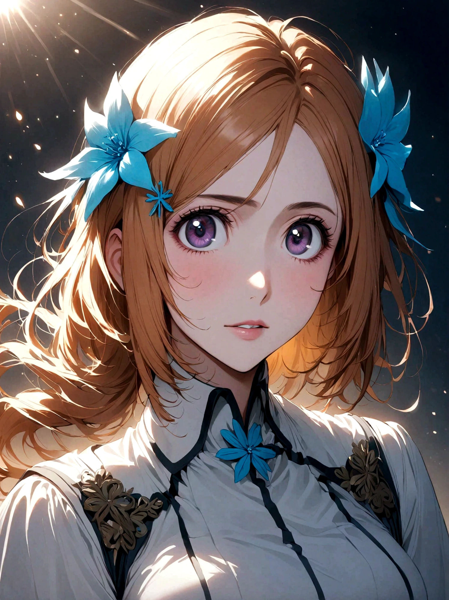 1girl, Inoue Orihime, bleach, Light blond hair, Wavy Ponytail, Dark purple eyes, Fair skin, Soft face, Uniforms, Elegance, Dunshun Six Flower Hair Accessory, Six petals