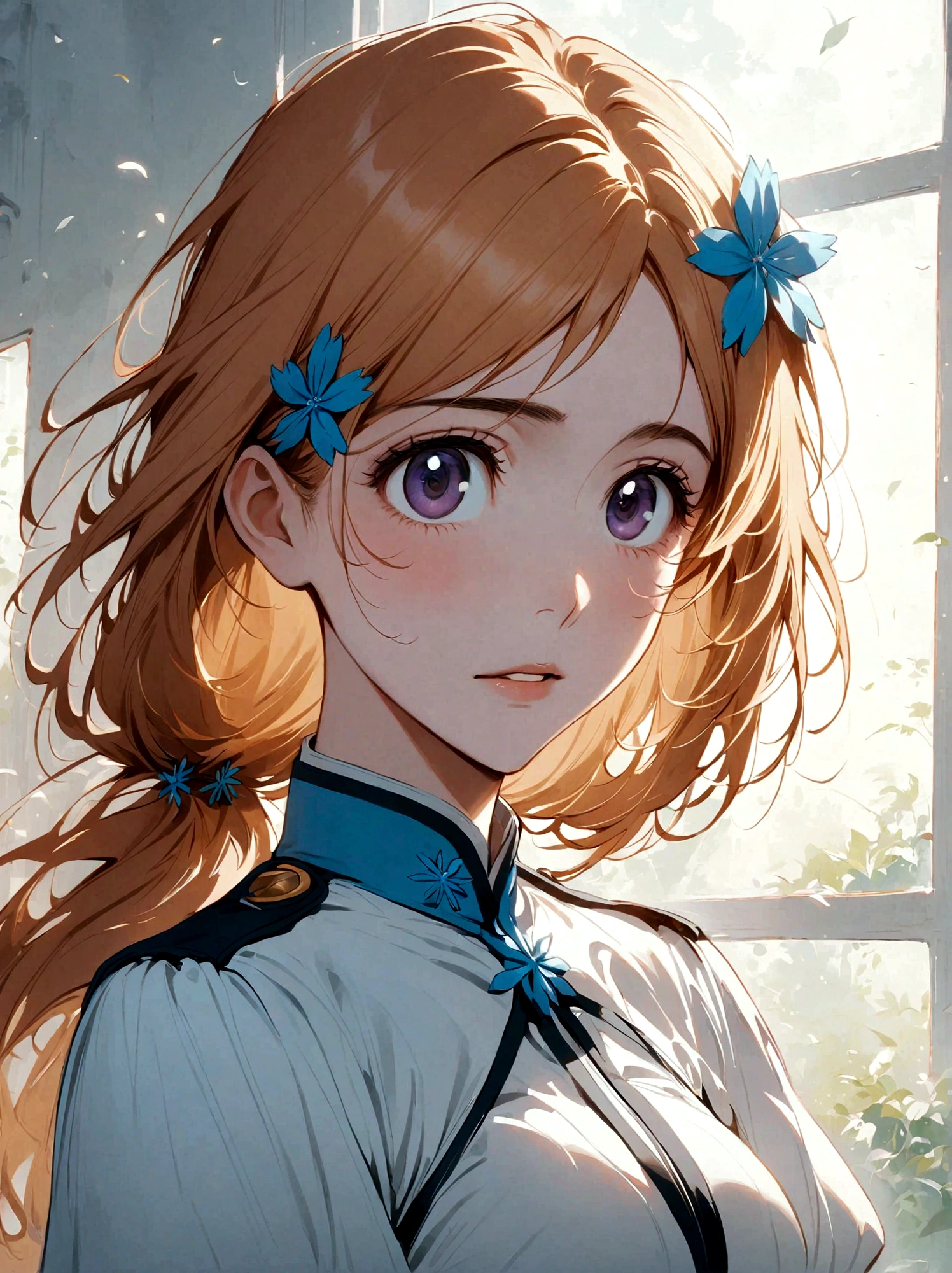 1girl, Inoue Orihime, bleach, Light blond hair, Wavy Ponytail, Dark purple eyes, Fair skin, Soft face, Uniforms, Elegance, Dunshun Six Flower Hair Accessory, Six petals