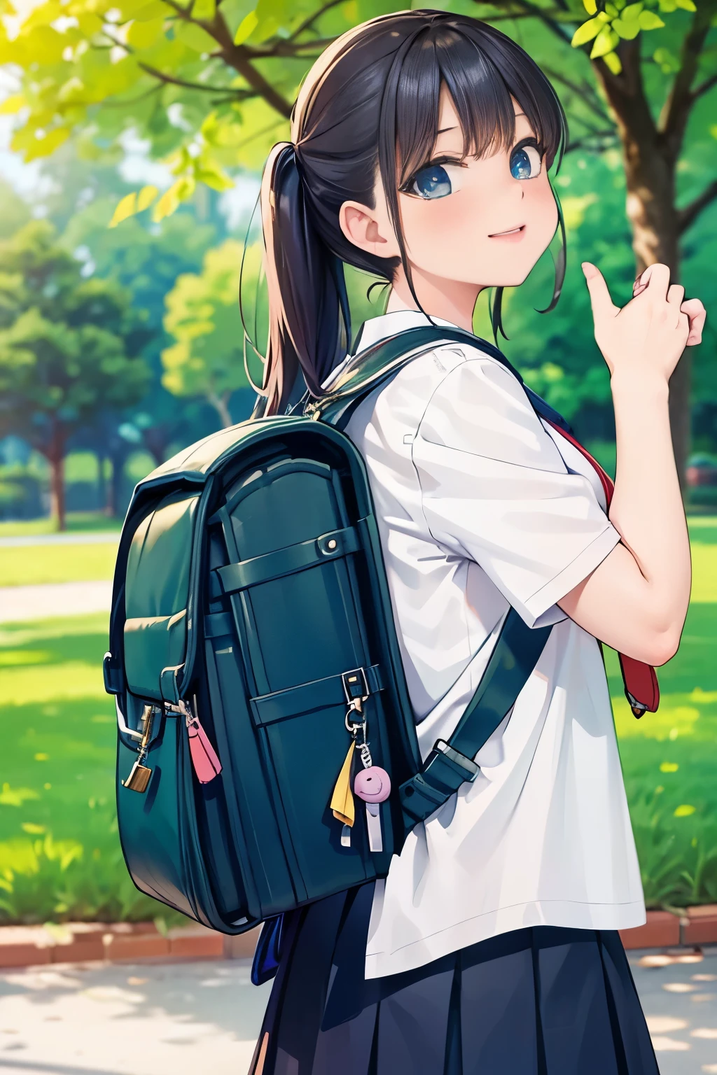 masterpiece、1 female student、Smile、Light pink lips、posing at school，（The whole body is soaked），legs are open， alone, Black polo shirt, looking at the audience,  (Thick thighs:1.0),Yazawa Nico,red eyes, Blushed,Blunt hair,hands on hips，greet，Floral headdress，White yoga pants，Cover the bottom with your hands，Backpack，View from behind