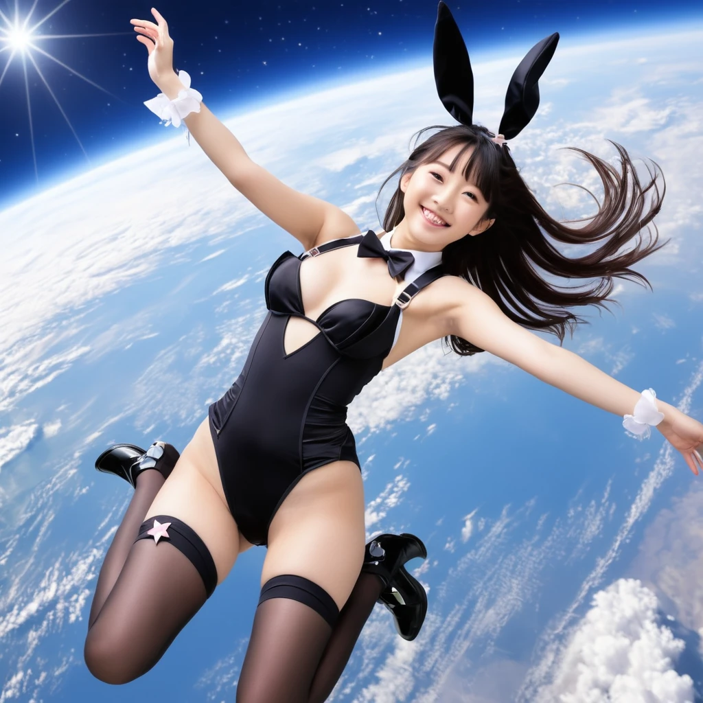 playboy bunny,rabbit ears, black rabbit ears, fake rabbit ears, pantyhose, black pantyhose,bowtie, wrist cuffs, black leotard, (8k, RAW photo, best quality, masterpiece:1.2), (realistic, photo-realistic:1.4), (extremely detailed 8k wallpaper),Photo of a beautiful Japanese young idol, floating in the air, midair skydiving 10 meters high, on the moon, smiling politely with a long hair, wearing a revealing clothes, Zero-gravity Boots, full-body, wide-angle lens