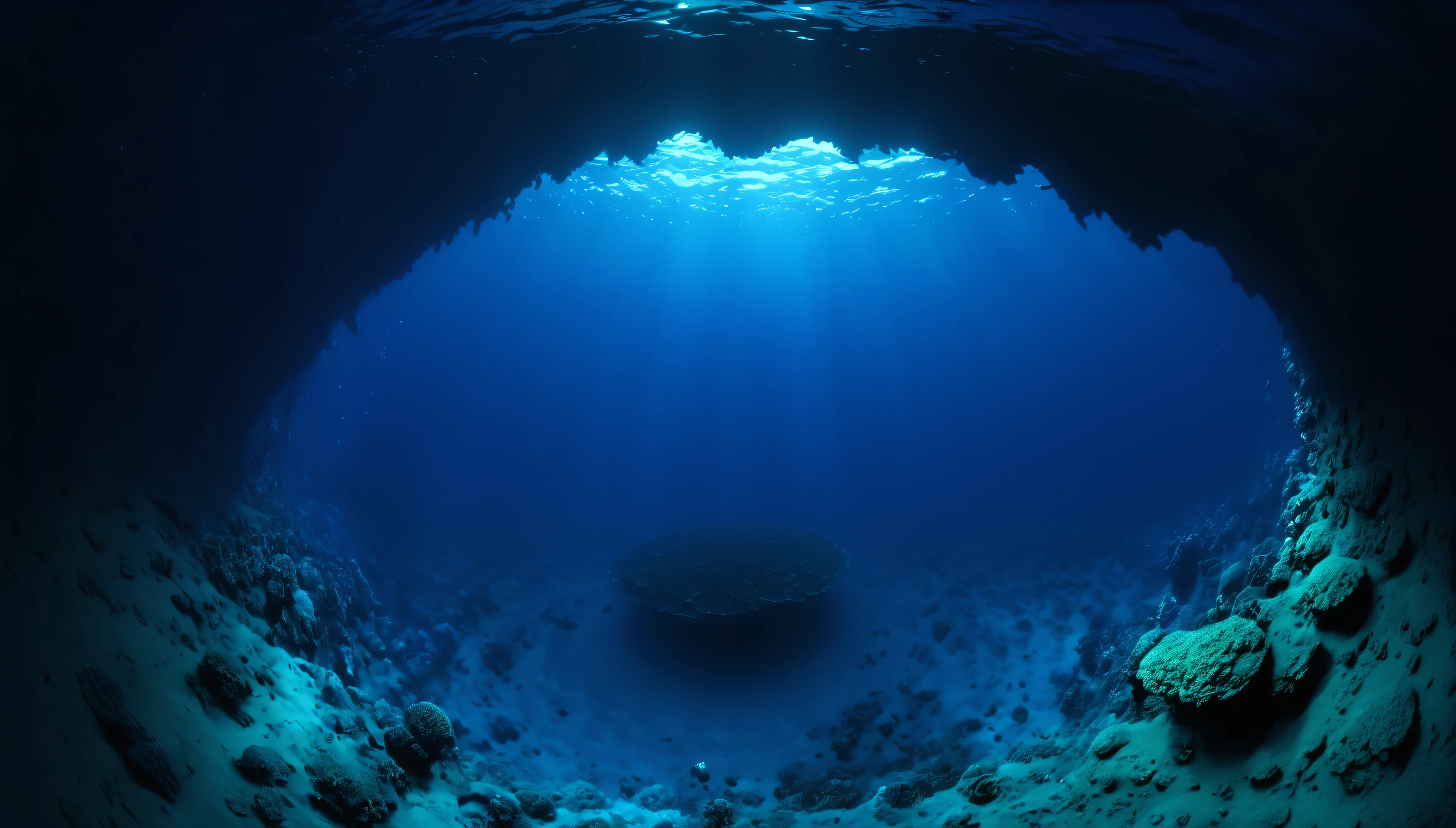 scenery, ultra detailed, 8k, abyss, in the abyss, in the sea, deep blue, viewer can't see the ocean floor, blue, real, raw photo