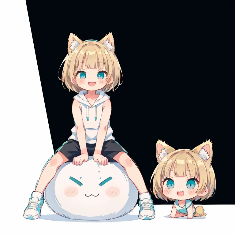 Short Hair、Chibi、Please straighten your bangs、smile、((masterpiece)), ((highest quality)), (anime:1.3), (RAW Photos:1.2),(High resolution:1.3), (Professional photography:1.4), (()), 8k, Shiny skin, Cinema Lighting, One girl, Wide Shot, (Cute innocent teenage girlder body, Small breasts, 光沢のあるShort Hair, (Loose bangs), ((:3)), Open your mouth, Bare your fangs, look up, (いたずらなsmile), Beautiful clavicle, (slightly exposed shoulders), (Dog Ears), Hair blowing in the wind, break, ((highest quality)), (Sitting in Dubrovnik, Croatia), Summer day,Double Exposure、Blonde Hair、short hair、Turquoise Eyes、White sleeveless hoodie、Sleeveless hoodie、Black hot pants、Black sneakers,Please straighten your bangs、She has cat ears of the same color as her hair.