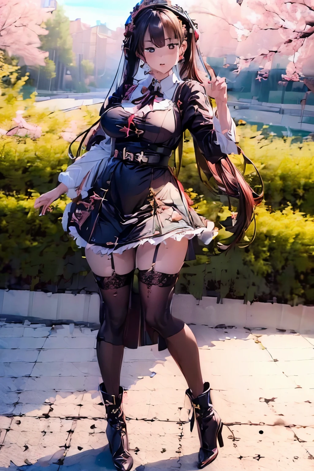 (best quality, highres:2.5), Multiple women, Japanese anime style, maid uniform, Kawaii design, exquisite details, medium: digital art, vibrant colors, HDR, studio lighting, ultra-fine painting, sharp focus, physically-based rendering, extreme detail description, portraits, curvy bodies, high heels, aprons, white blouses, frilly sleeves, black stockings, black boots, lace caps, adorable expressions, half body pictures, appearing in full frame, standing in a row, outdoors, sunny day, cherry blossom trees, blooming petals, pastel background.