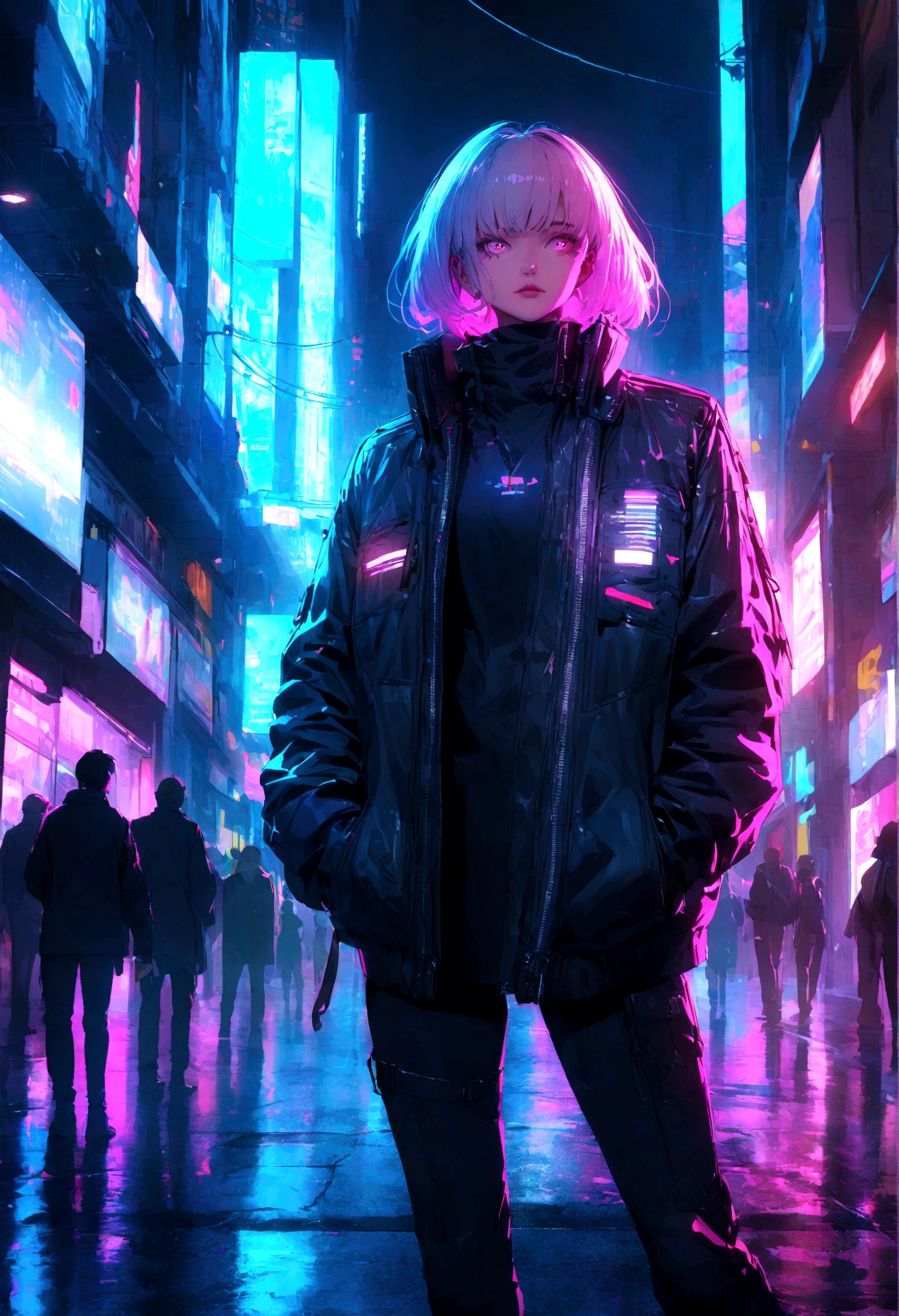 Cyberpunk character with black corporate style jacket on the streets illuminated by LED 