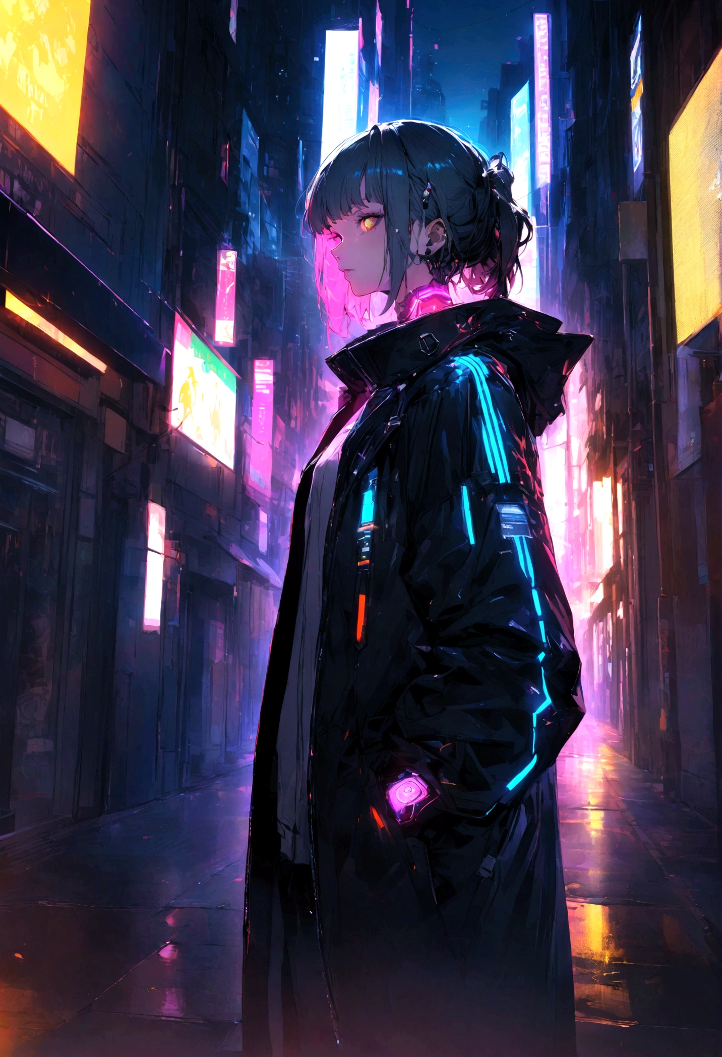 Cyberpunk character with black corporate style jacket on the streets illuminated by LED 