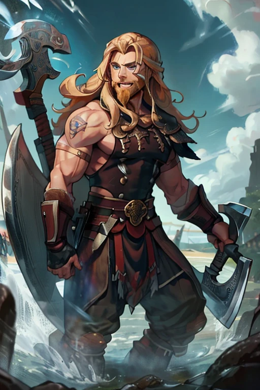 A muscular blond haired man with blue eyes with long hair and a dark beard in a Viking outfit is spinning an ax with a big smile on his viking ship
