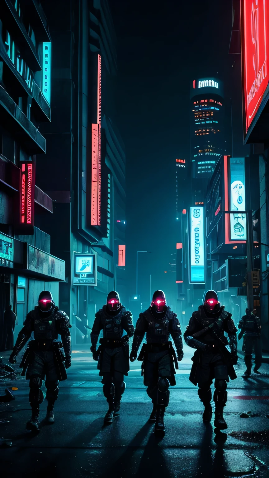 a cyberpunk abandoned city, cybernetic soldiers patrolling the streets, futuristic architecture, neon lights, dark moody atmosphere, cinematic lighting, intricate details, high quality, photorealistic, 8k, masterpiece, digital art, concept art, sci-fi