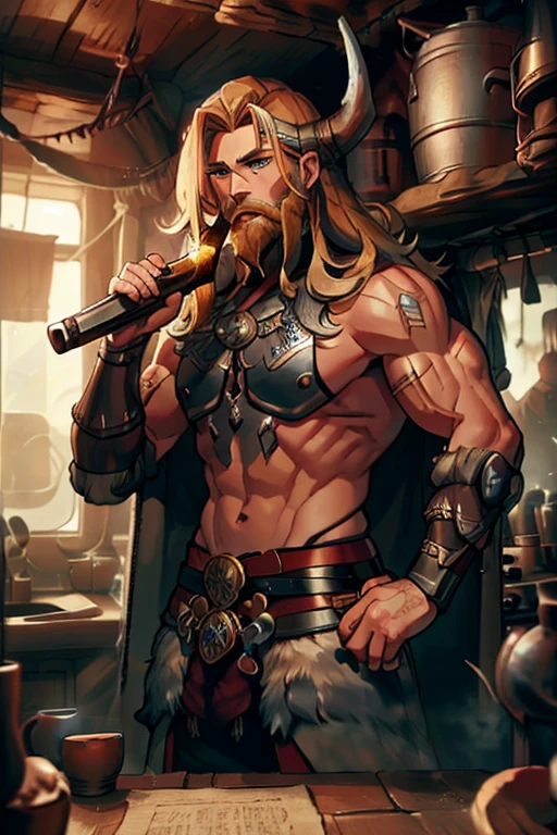 A muscular blond haired man with blue eyes with long hair and a dark beard in a Viking outfit is drinking from a horn in the captain's cabin of a Viking ship