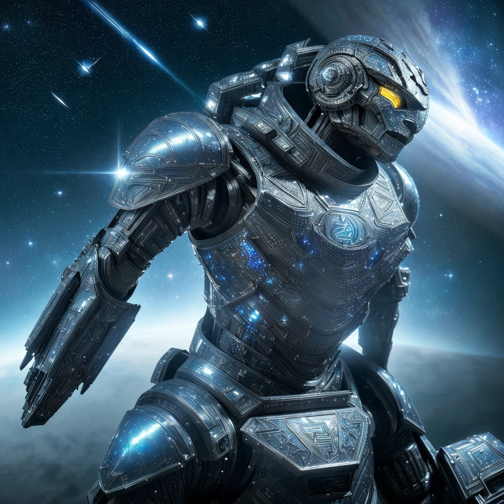 a highly detailed armored warrior posing in space, star light glimmering, masterpiece, ultra-detailed, 8k, (best quality:1.2), (realistic:1.37), cinematic lighting, dramatic angles, intricate futuristic armor, high tech weaponry, epic scale, dynamic action pose, dramatic sci-fi atmosphere, vivid colors, dramatic lighting, photorealistic