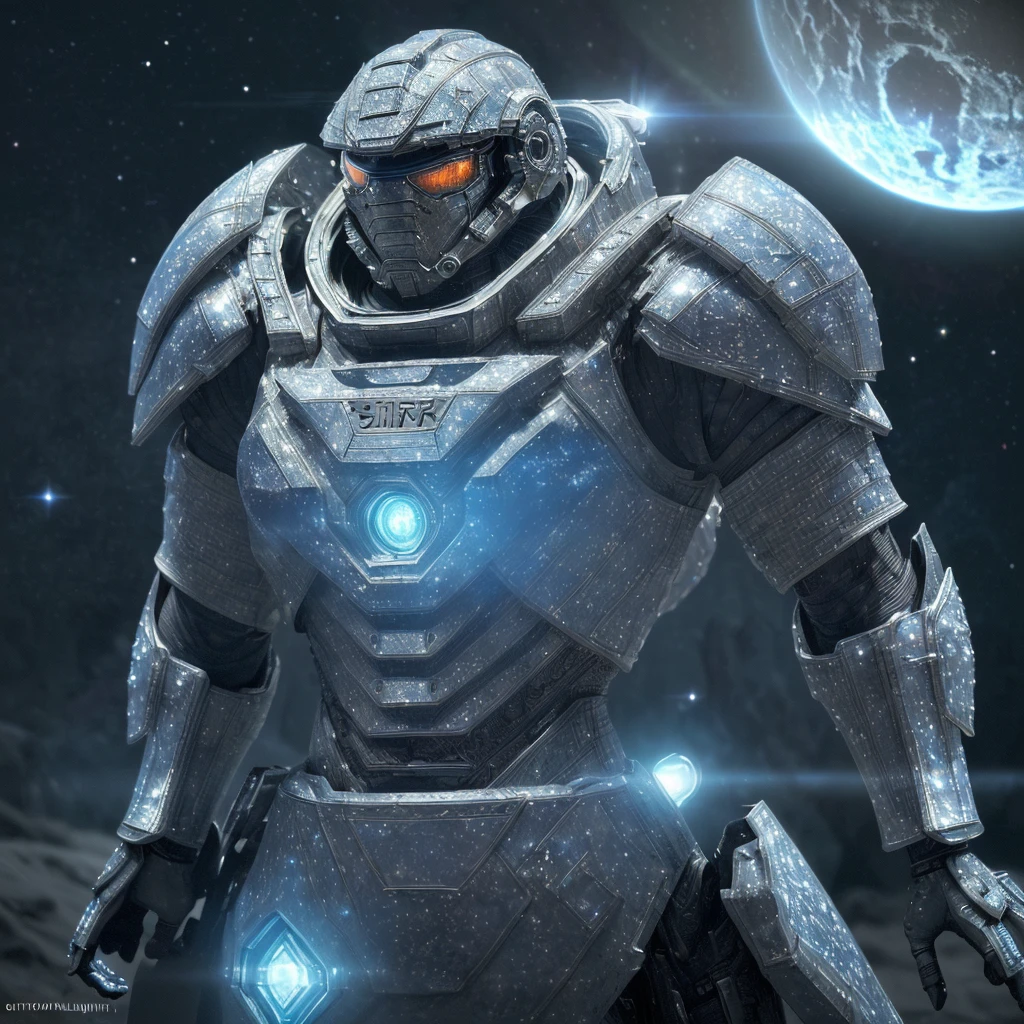 a highly detailed armored warrior posing in space, star light glimmering, masterpiece, ultra-detailed, 8k, (best quality:1.2), (realistic:1.37), cinematic lighting, dramatic angles, intricate futuristic armor, high tech weaponry, epic scale, dynamic action pose, dramatic sci-fi atmosphere, vivid colors, dramatic lighting, photorealistic