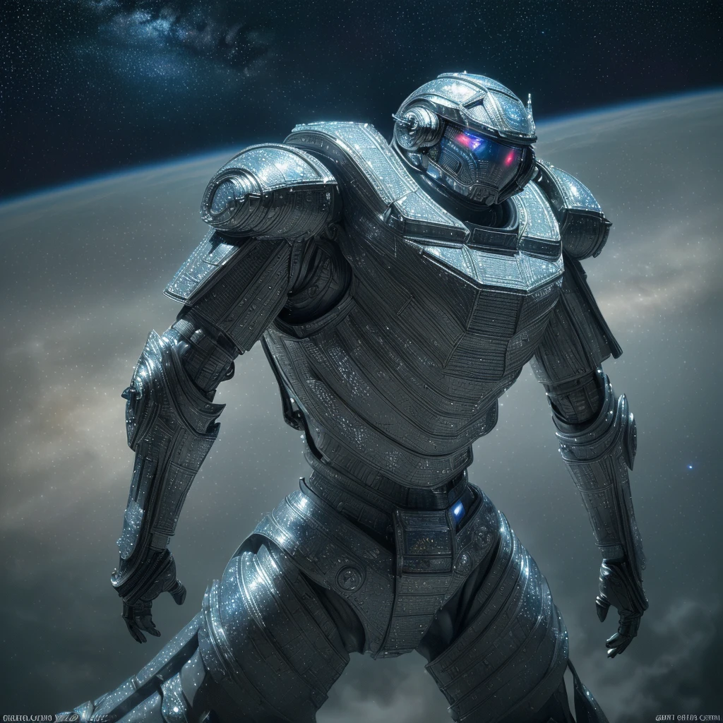 a highly detailed armored warrior posing in space, star light glimmering, masterpiece, ultra-detailed, 8k, (best quality:1.2), (realistic:1.37), cinematic lighting, dramatic angles, intricate futuristic armor, high tech weaponry, epic scale, dynamic action pose, dramatic sci-fi atmosphere, vivid colors, dramatic lighting, photorealistic