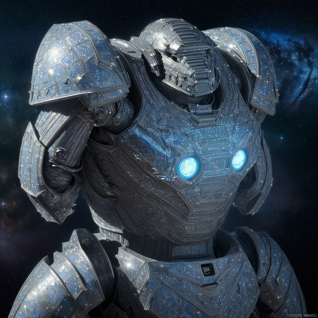 a highly detailed armored warrior posing in space, star light glimmering, masterpiece, ultra-detailed, 8k, (best quality:1.2), (realistic:1.37), cinematic lighting, dramatic angles, intricate futuristic armor, high tech weaponry, epic scale, dynamic action pose, dramatic sci-fi atmosphere, vivid colors, dramatic lighting, photorealistic