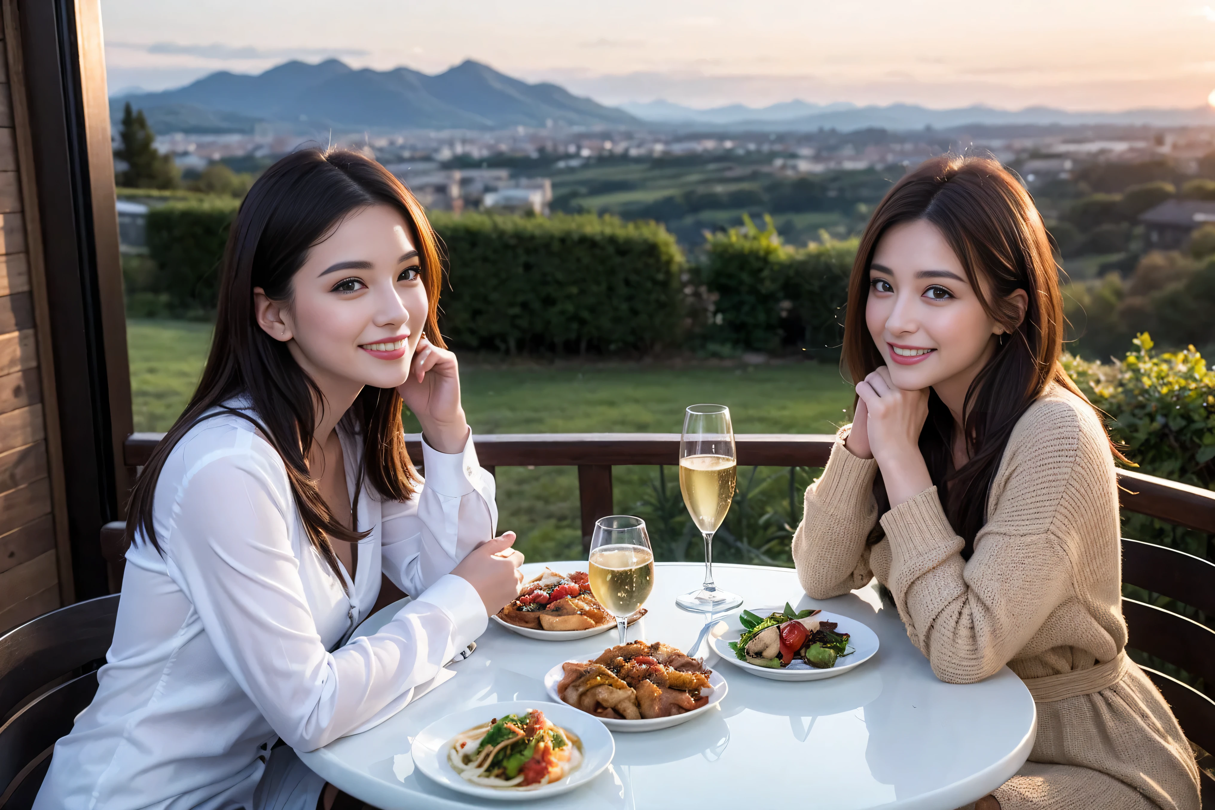 ((highest quality、8k、masterpiece:1.3))、1 male 1 female、spouse、Beautiful couple、smile、 (Slim face), (the body is スリム), (Brown Hair), (Shortcuts), ((Bob Hale、Straight hair:1.2)), Wine glass on the table、Please shine a light on my face、 Amazing view of the sunset sky and clouds、Amazing mountain views、The beauty of a smile、Bright image、Blushing, Shortcuts,Bright Face、 (42 years old), 39 years old, red wine 、Appetizers、Italian food、Wine bottle、Champagne、sparkling wine、Long sleeve shirt、dress、Attractive beauty、restaurant, Nova Frog Style, actress, model, Upper Body, White wine, red wine, wine glass,