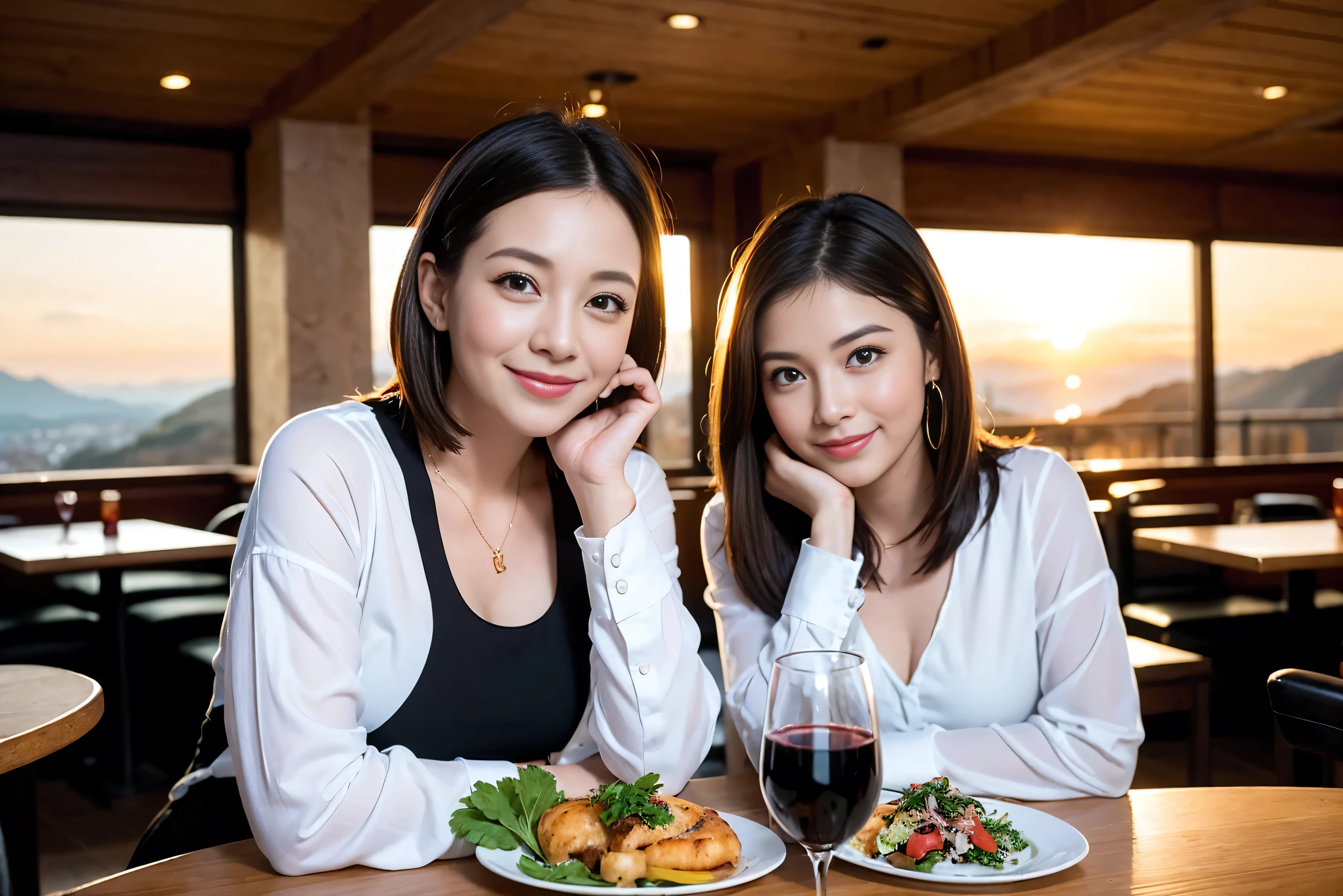 ((highest quality、8k、masterpiece:1.3))、1 male 1 female、spouse、Beautiful couple、smile、 (Slim face), (the body is スリム), (Brown Hair), (Shortcuts), ((Bob Hale、Straight hair:1.2)), Wine glass on the table、Please shine a light on my face、 Amazing view of the sunset sky and clouds、Amazing mountain views、The beauty of a smile、Bright image、Blushing, Shortcuts,Bright Face、 (42 years old), 39 years old, red wine 、Appetizers、Italian food、Wine bottle、Champagne、sparkling wine、Long sleeve shirt、dress、Attractive beauty、restaurant, Nova Frog Style, actress, model, Upper Body, White wine, red wine, wine glass, 