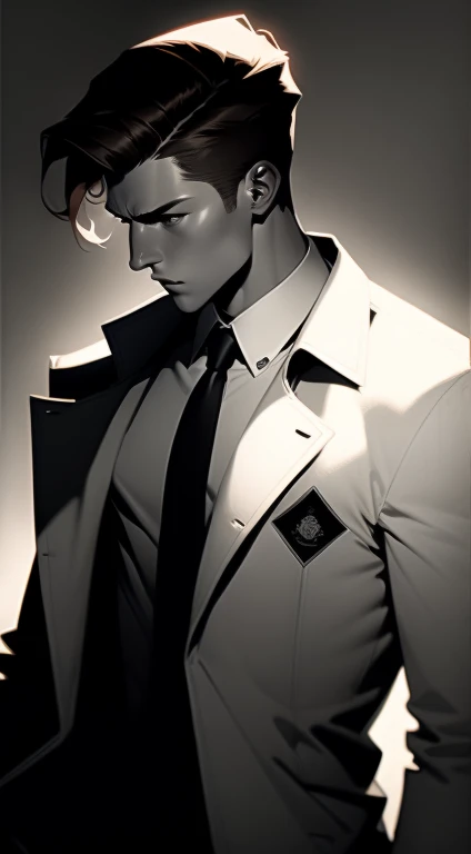 18yr old male, agent for bureau, brown hair, detailed, toned body, simple, Noir et blanc, monochrome, plain looking, white shirt and tie, dark suit, trench coat, gritty, brutalism