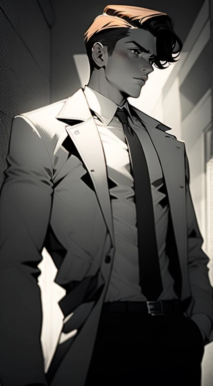 18yr old male, agent for bureau, brown hair, detailed, toned body, simple, Noir et blanc, monochrome, plain looking, white shirt and tie, dark suit, trench coat, gritty, brutalism
