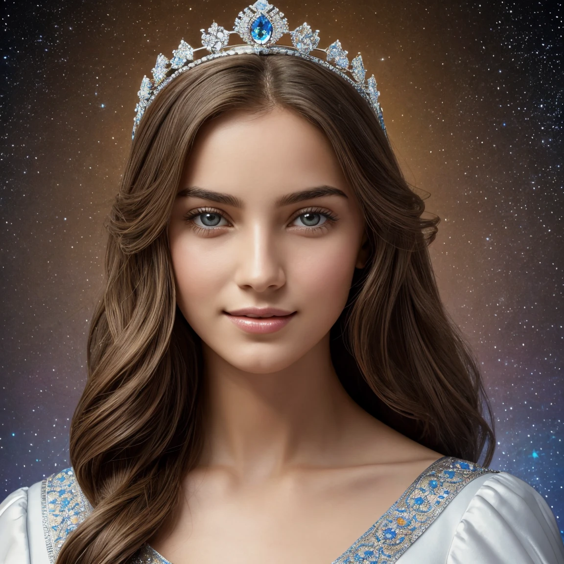 Create a realistic image of Caïssa, the muse of chess, focusing on her face and shoulders only. She is a young woman of ethereal and graceful appearance. Her long, wavy hair cascades down like a waterfall and is golden or light brown in hue, shining under the light. Her deep and expressive eyes resemble a starry night sky or precious stones like sapphires or amethysts. She has a delicate and symmetrical face with clear, smooth skin that radiates a soft, almost celestial light. Her eyebrows are arched and well-defined, and her lips are full and rosy with a gentle and enigmatic smile. Caïssa should always be looking straight ahead and smiling. She is dressed in a flowing tunic or dress in shades of white, blue, or silver, symbolizing purity and her connection to chess. Her attire features intricate embroideries of chess pieces and geometric patterns resembling a chessboard. She wears a delicate crown or diadem, symbolizing her elevated status.