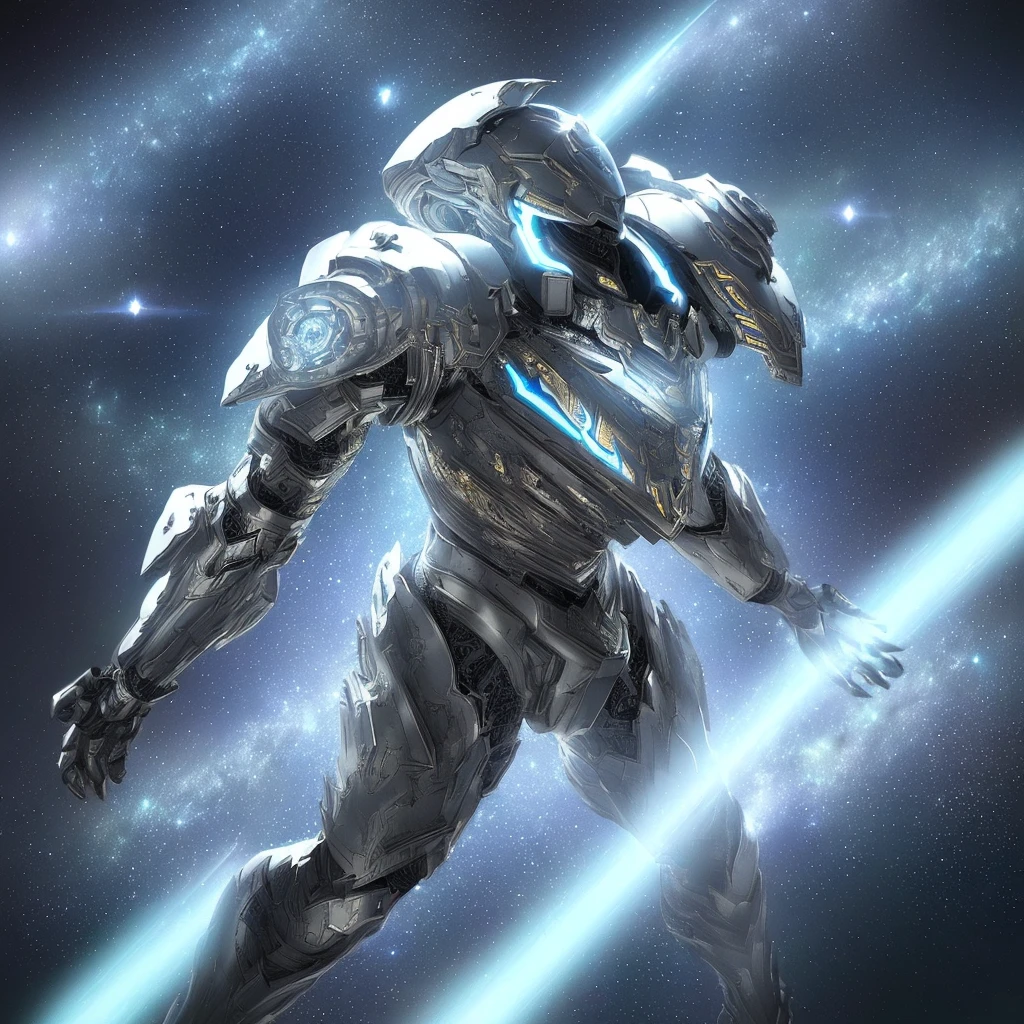a highly detailed armored warrior posing in space, star light glimmering, masterpiece, ultra-detailed, 8k, (best quality:1.2), (realistic:1.37), cinematic lighting, dramatic angles, intricate futuristic armor, high tech weaponry, epic scale, dynamic action pose, dramatic sci-fi atmosphere, vivid colors, dramatic lighting, photorealistic

