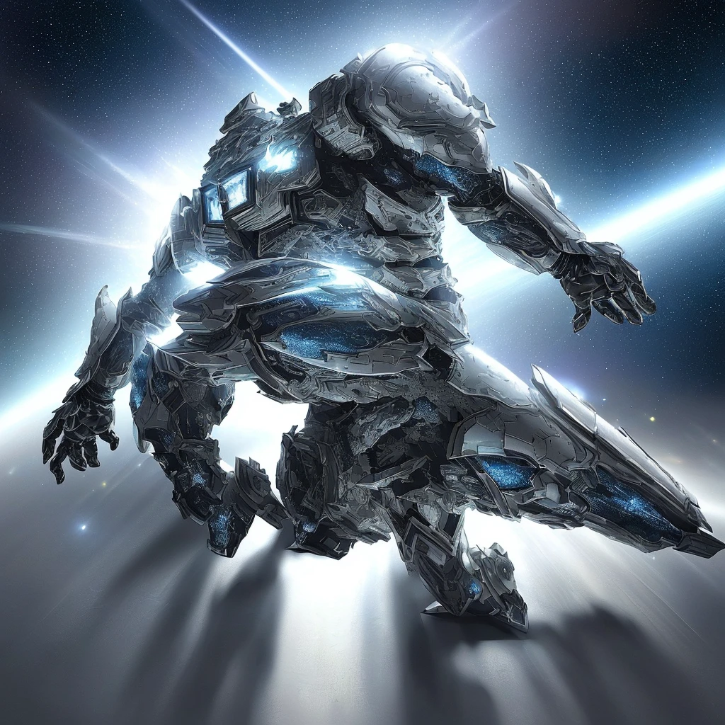 a highly detailed armored warrior posing in space, star light glimmering, masterpiece, ultra-detailed, 8k, (best quality:1.2), (realistic:1.37), cinematic lighting, dramatic angles, intricate futuristic armor, high tech weaponry, epic scale, dynamic action pose, dramatic sci-fi atmosphere, vivid colors, dramatic lighting, photorealistic