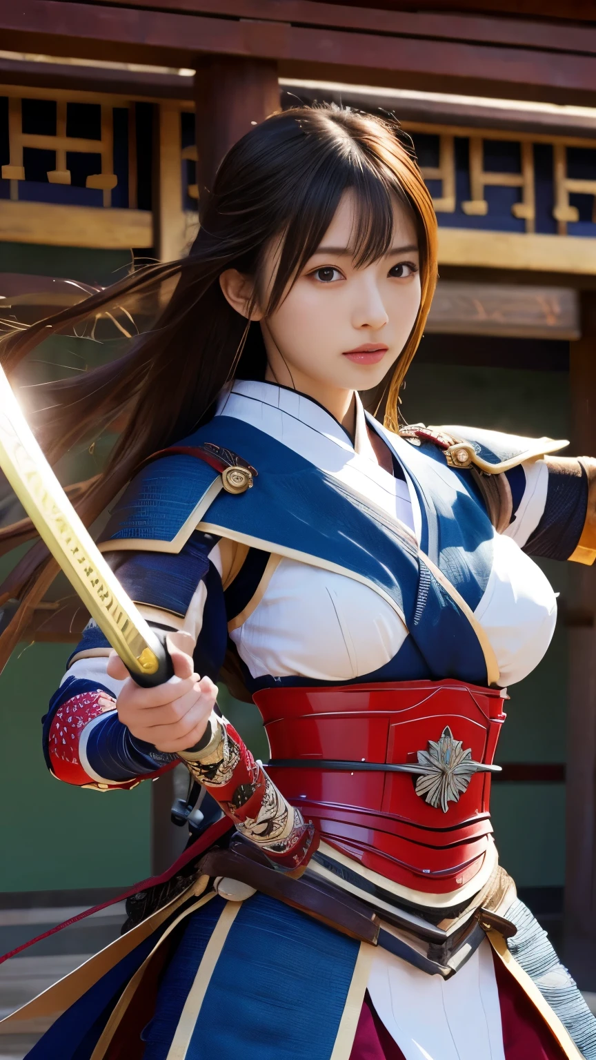 Realistic, Super detailed, High resolution, highest quality, Super detailedな,1 Female , Official Art, unity 8k wallpaper, Super detailed, beautiful and aesthetic, beautiful, masterpiece,Super busty breasts:1.8,Small waist、Glowing Skin,masterpiece, wonderful, (CG illustration),Asian, Ultra-realistic textured face and skin、Accurate anatomy、samurai、Colorful Armor、Gradient Hair, bangs、((samurai、))、((Japanese Armor、Japanese sword))、((Dynamic Pose:1.2、Dynamic Action:1.2、Dynamic Angle、Cutting))、Detailed Background、Cherry Blossom、battle、Sengoku period、Degrees of Freedom:1.3