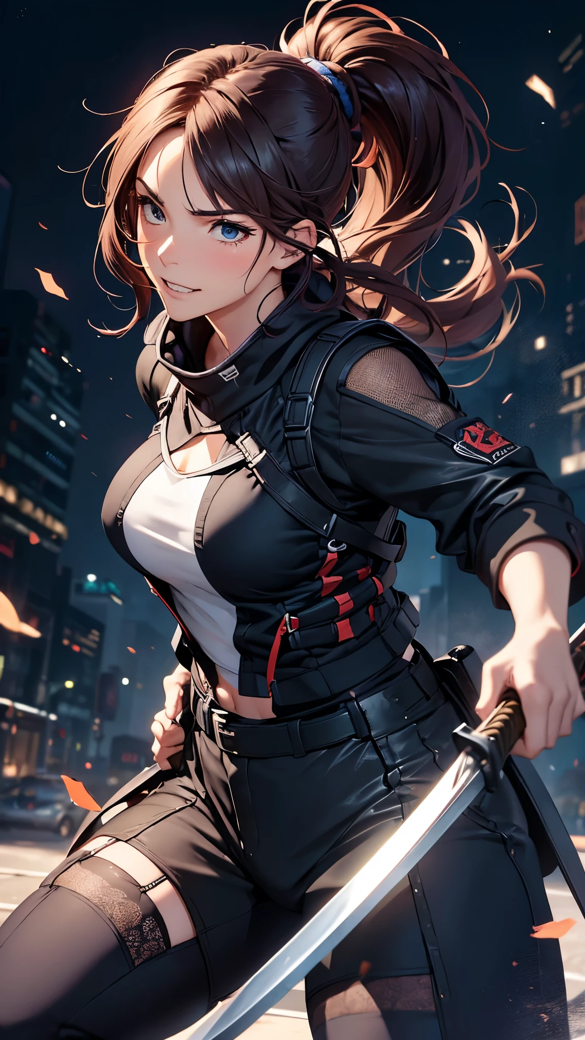 a woman with a brown ponytail hair,ninja,wearing a maxi length jersey jacket and jersey pants,sneaker,holding a katana and a long sword, ((blush,flustered,embarrassed,disconcerted,grin,touching nose,she’s trying to hide failure)),(best quality,4k,8k,highres,masterpiece:1.2),ultra-detailed,(realistic,photorealistic,photo-realistic:1.37),cinematic lighting,dramatic composition,highly detailed facial features,cinematic pose,dynamic action scene,vibrant colors,intricate details