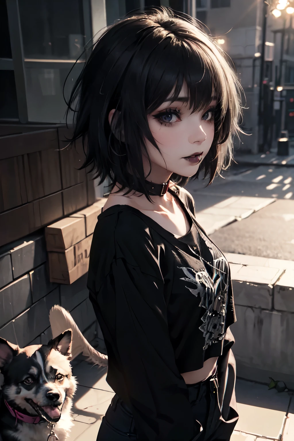 Girl, woman, emo_hairstyle, black lipstick, dog collar, eyeliner, eye shadow, smoky eyes, realistic lighting, short hair, standing up, Casual attire.