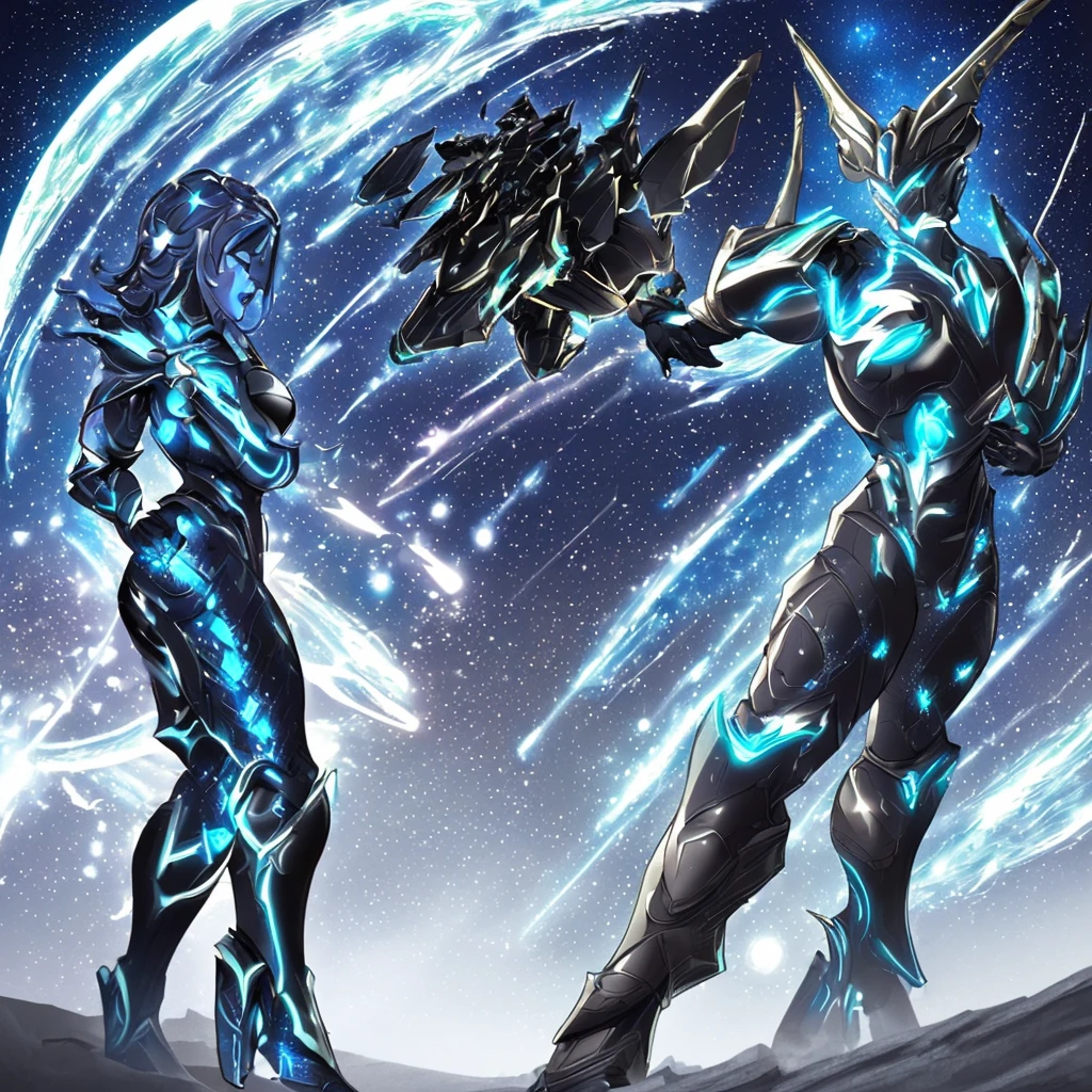 a highly detailed armored warrior posing in space, star light glimmering, masterpiece, ultra-detailed, 8k, (best quality:1.2), (realistic:1.37), cinematic lighting, dramatic angles, intricate futuristic armor, high tech weaponry, epic scale, dynamic action pose, dramatic sci-fi atmosphere, vivid colors, dramatic lighting, photorealistic