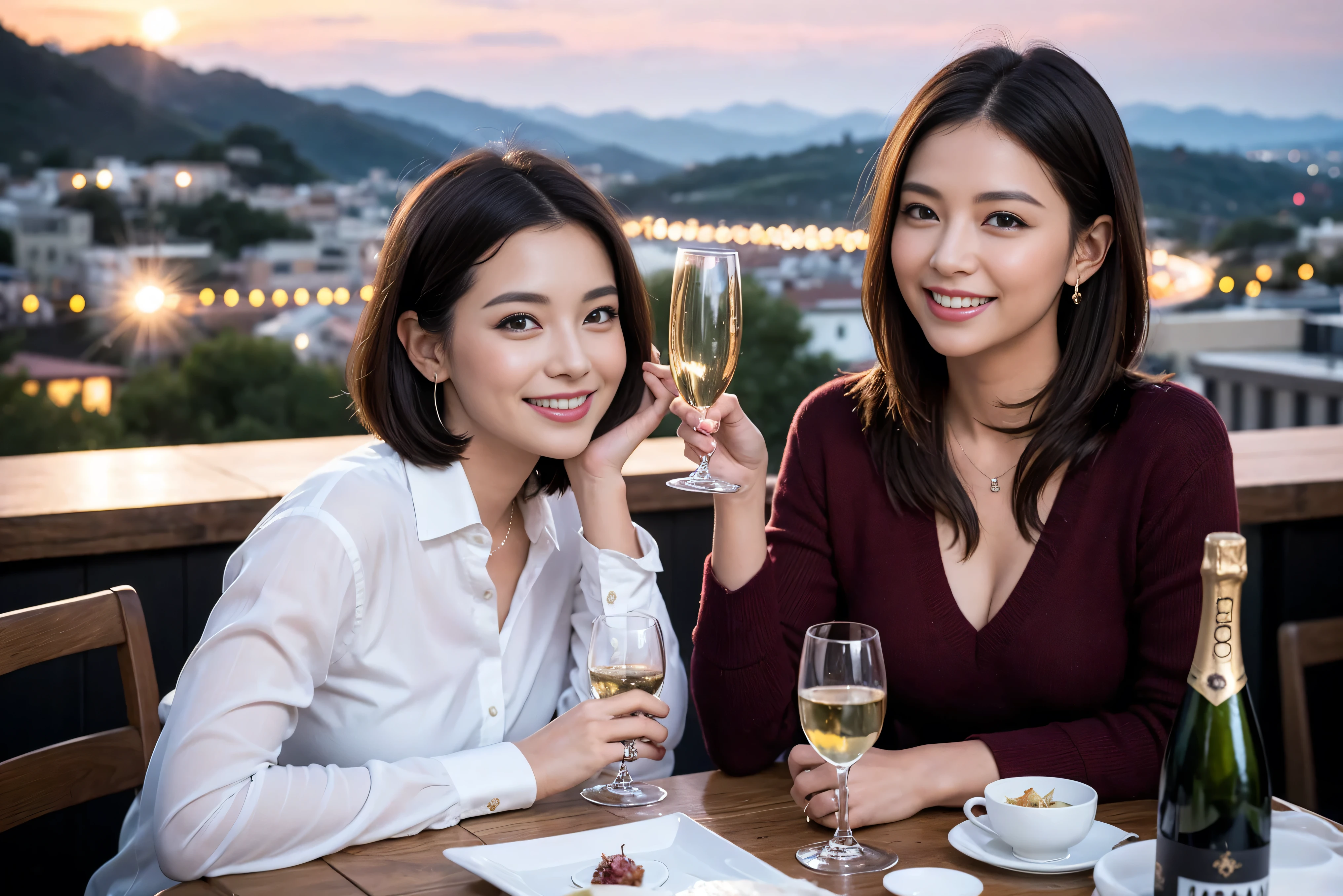 ((highest quality、8k、masterpiece:1.3))、1 male 1 female、spouse、Beautiful couple、smile、 (Slim face), (the body is スリム), (Brown Hair), (Shortcuts), ((Bob Hale、Straight hair:1.2)), Wine glass on the table、Please shine a light on my face、 Amazing view of the sunset sky and clouds、Amazing mountain views、The beauty of a smile、Bright image、Blushing, Shortcuts,Bright Face、 (42 years old), 39 years old, red wine 、Appetizers、Italian food、Wine bottle、Champagne、sparkling wine、Long sleeve shirt、dress、Attractive beauty、restaurant, Nova Frog Style, actress, model, Upper Body, White wine, red wine, wine glass,